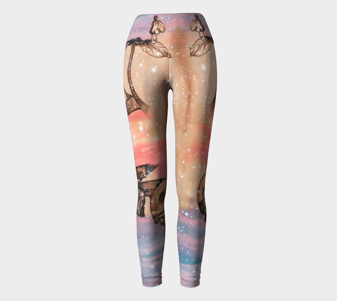 Yoga leggings in shades of pink and blue with a surreal pencil drawing of a little girl printed onto them