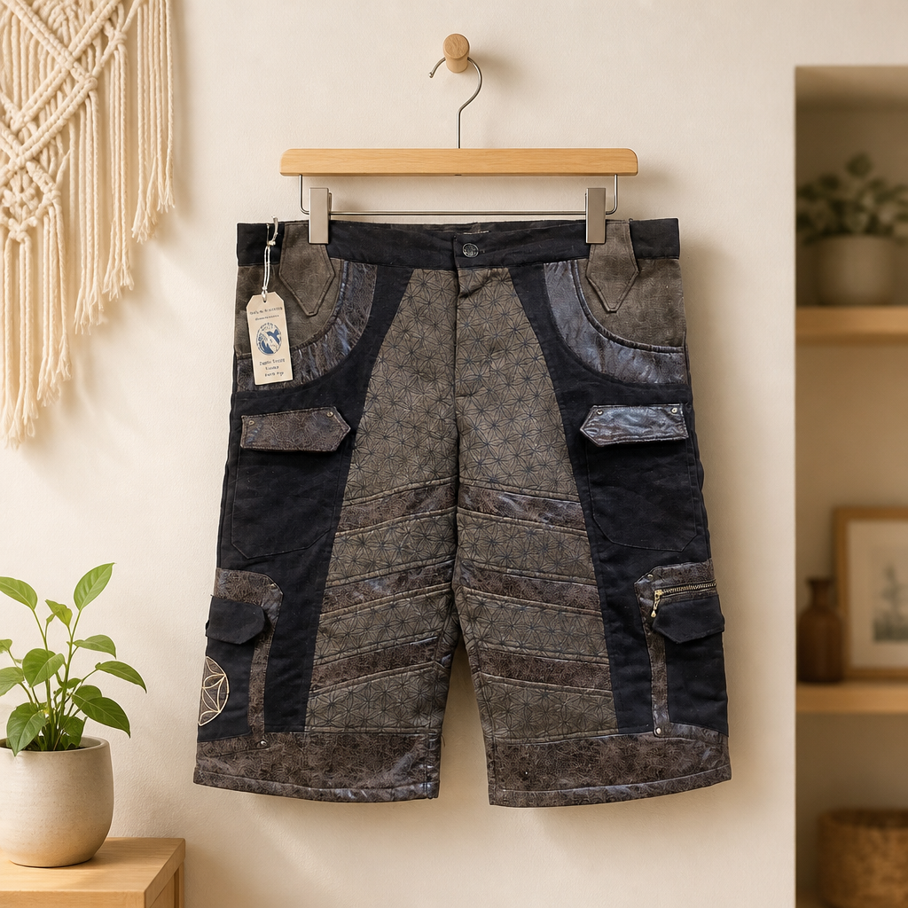 Men’s Upcycled Suede Shorts with Flower of Life in Brown Suede with Embroidery and Screenprint