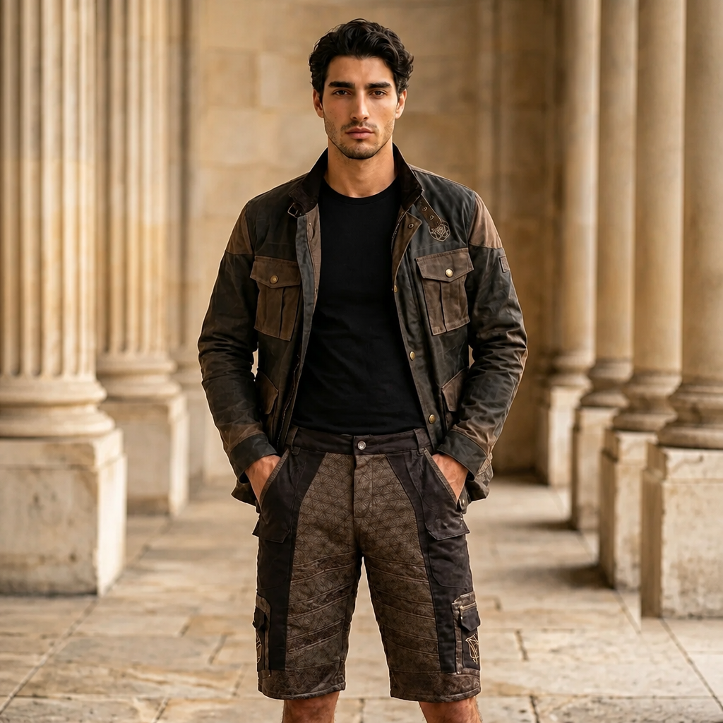Men’s Upcycled Suede Shorts with Flower of Life in Brown Suede with Embroidery and Screenprint