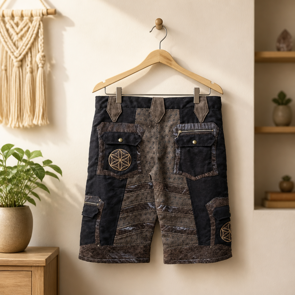 Men’s Upcycled Suede Shorts with Flower of Life in Brown Suede with Embroidery and Screenprint