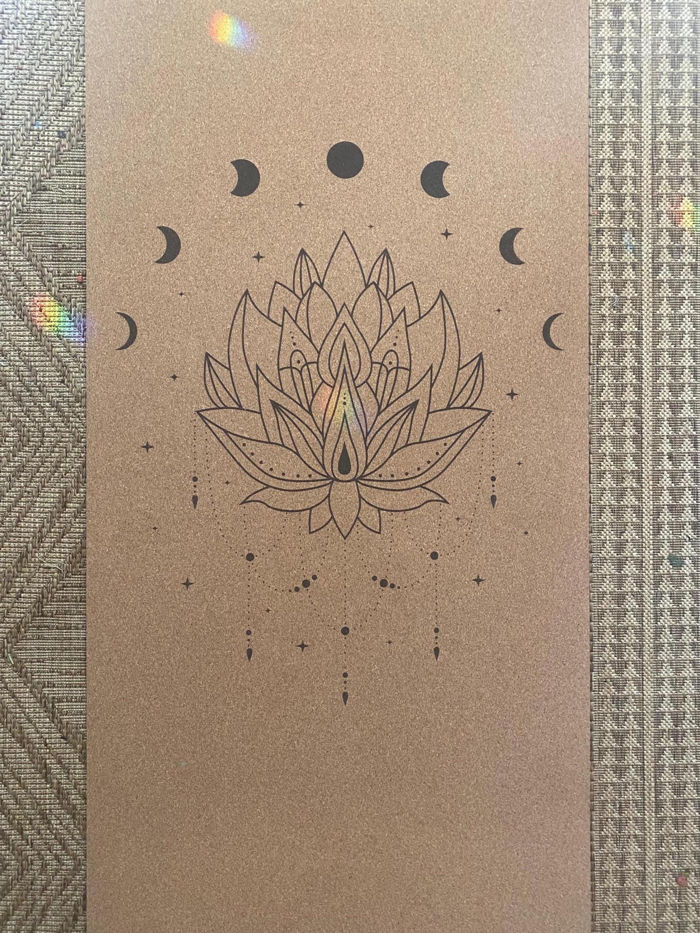 Lotus Moons Cork Yoga Mat – Laser Engraved Natural Rubber Mat for Ritual & Alignment | Threads of Creation (100 Base Price + Shipping)