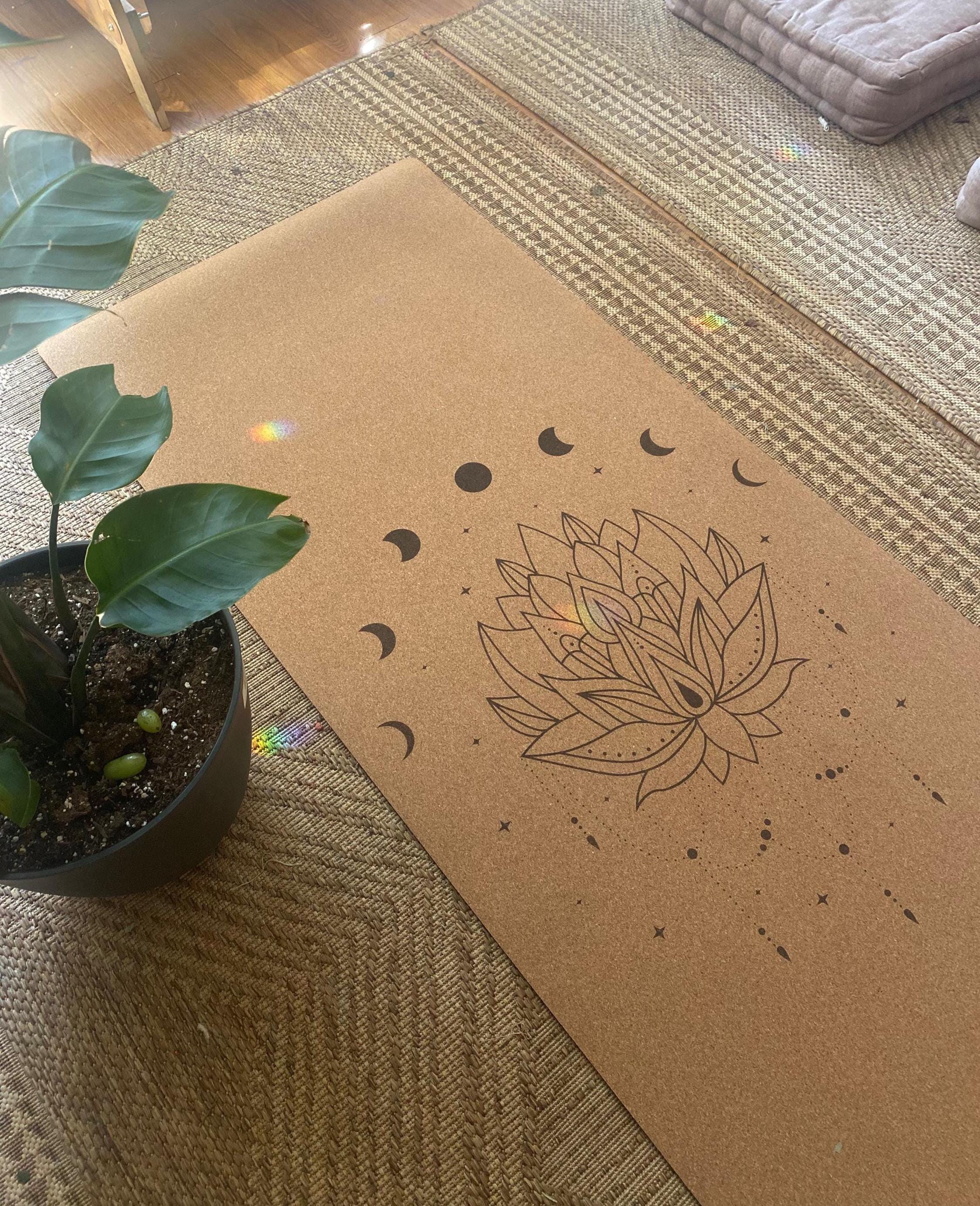 Lotus Moons Cork Yoga Mat – Laser Engraved Natural Rubber Mat for Ritual & Alignment | Threads of Creation (100 Base Price + Shipping)