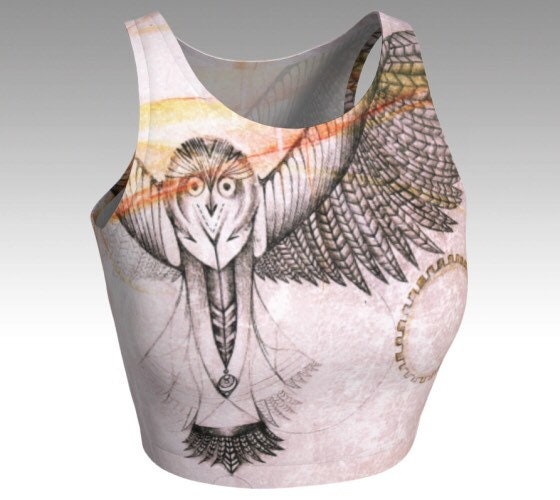 Women's yoga crop top with intricate Spirit Owl and geometric feather design – artistic activewear