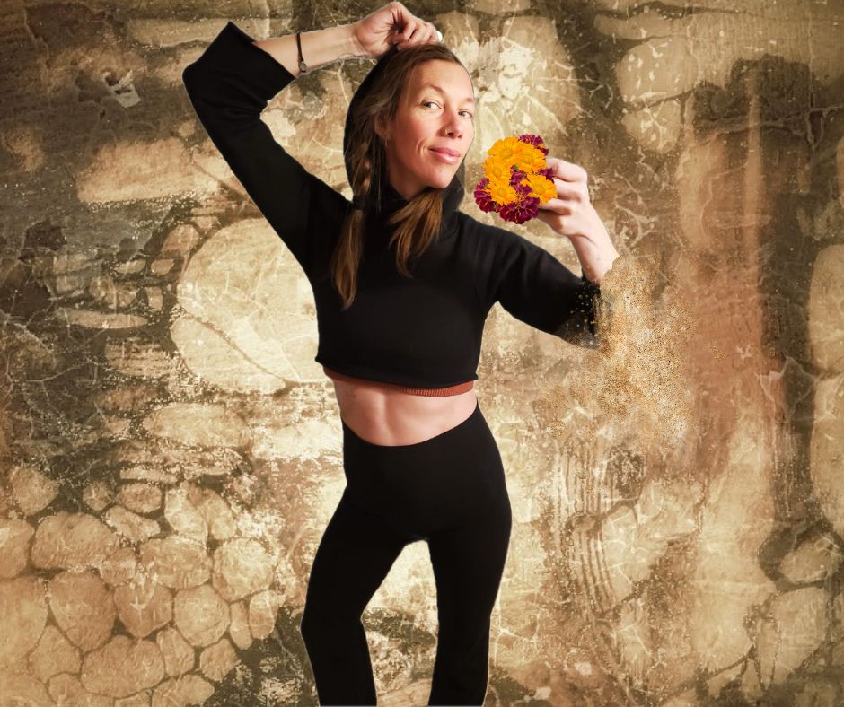 black hoodie and black leggings with flowers 