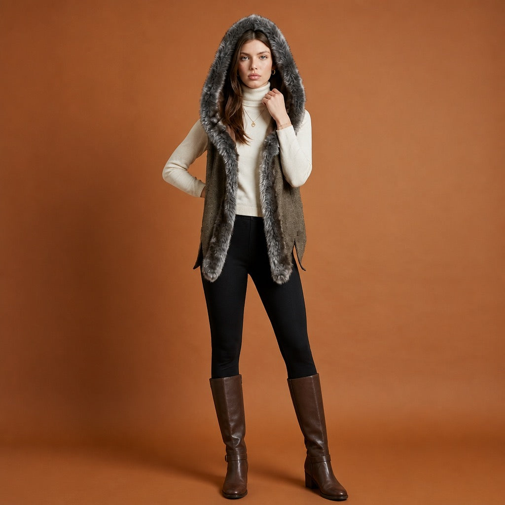 Woman wearing a faux fur-edged hooded vest, white sweater, black leggings, and brown knee-high boots on an orange background