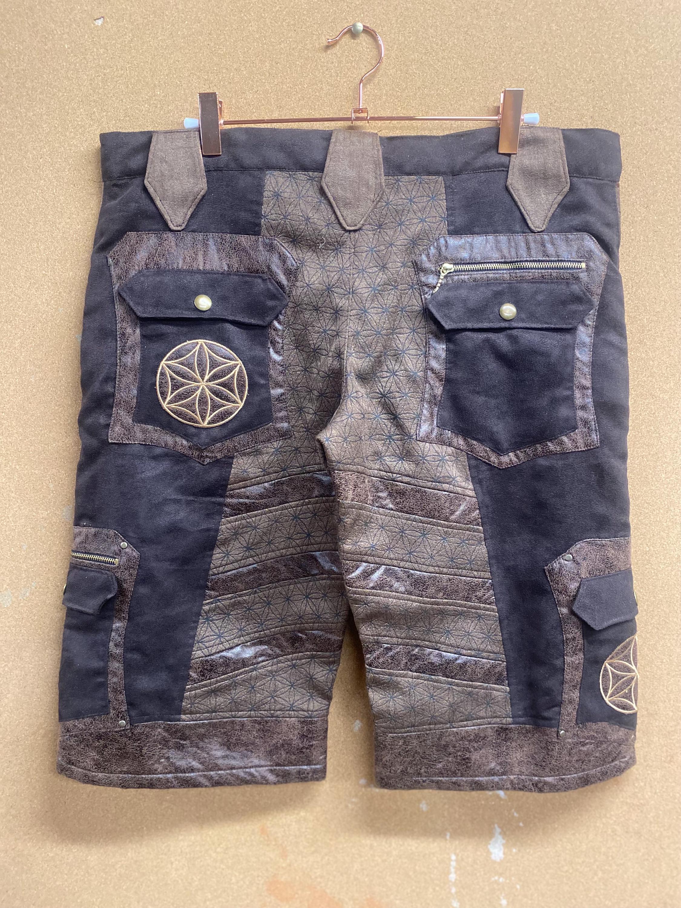 Men’s Flower of Life Shorts in Upcycled Brown Suede with Embroidery and Screenprint