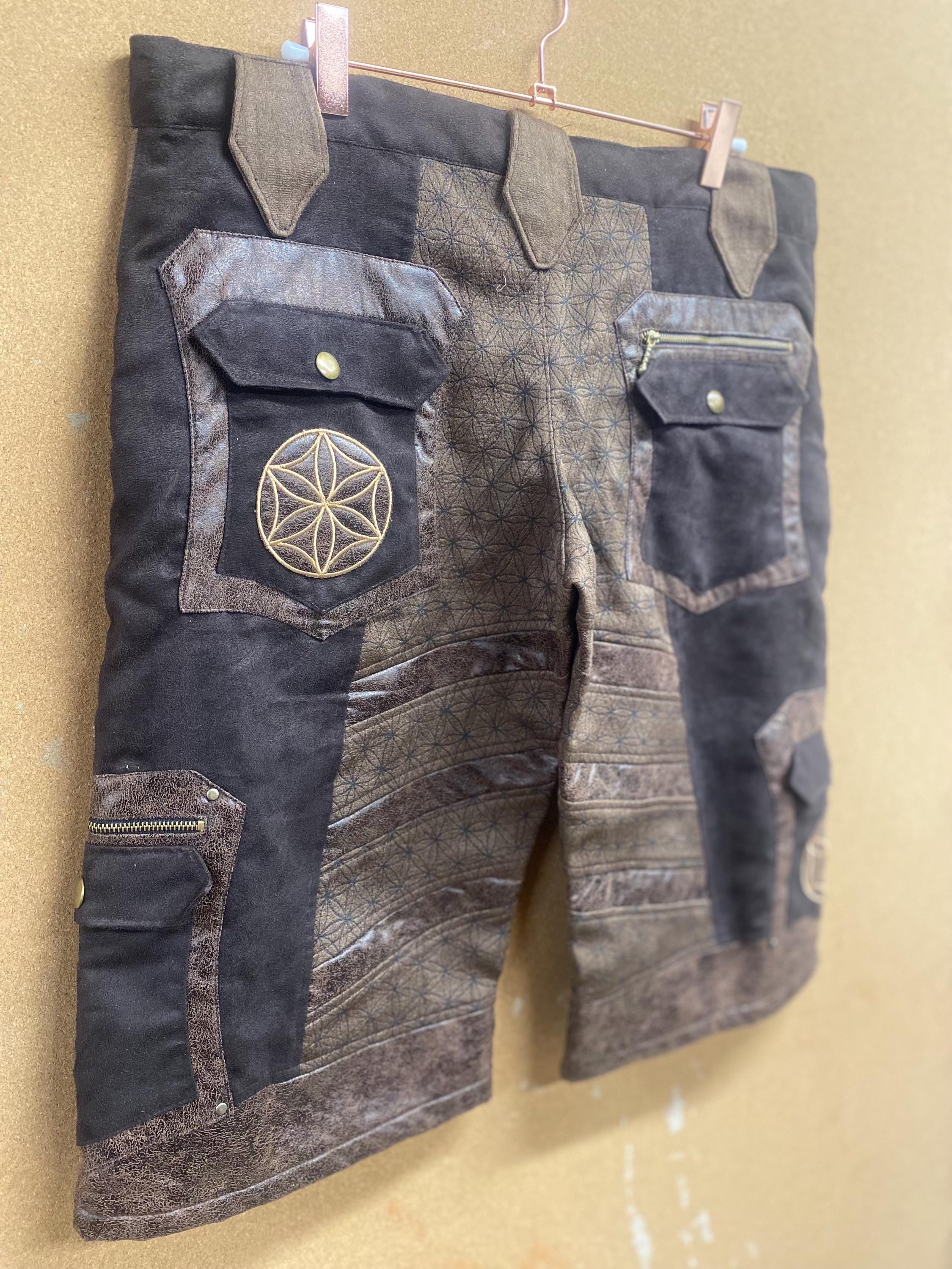 Men’s Flower of Life Shorts in Upcycled Brown Suede with Embroidery and Screenprint