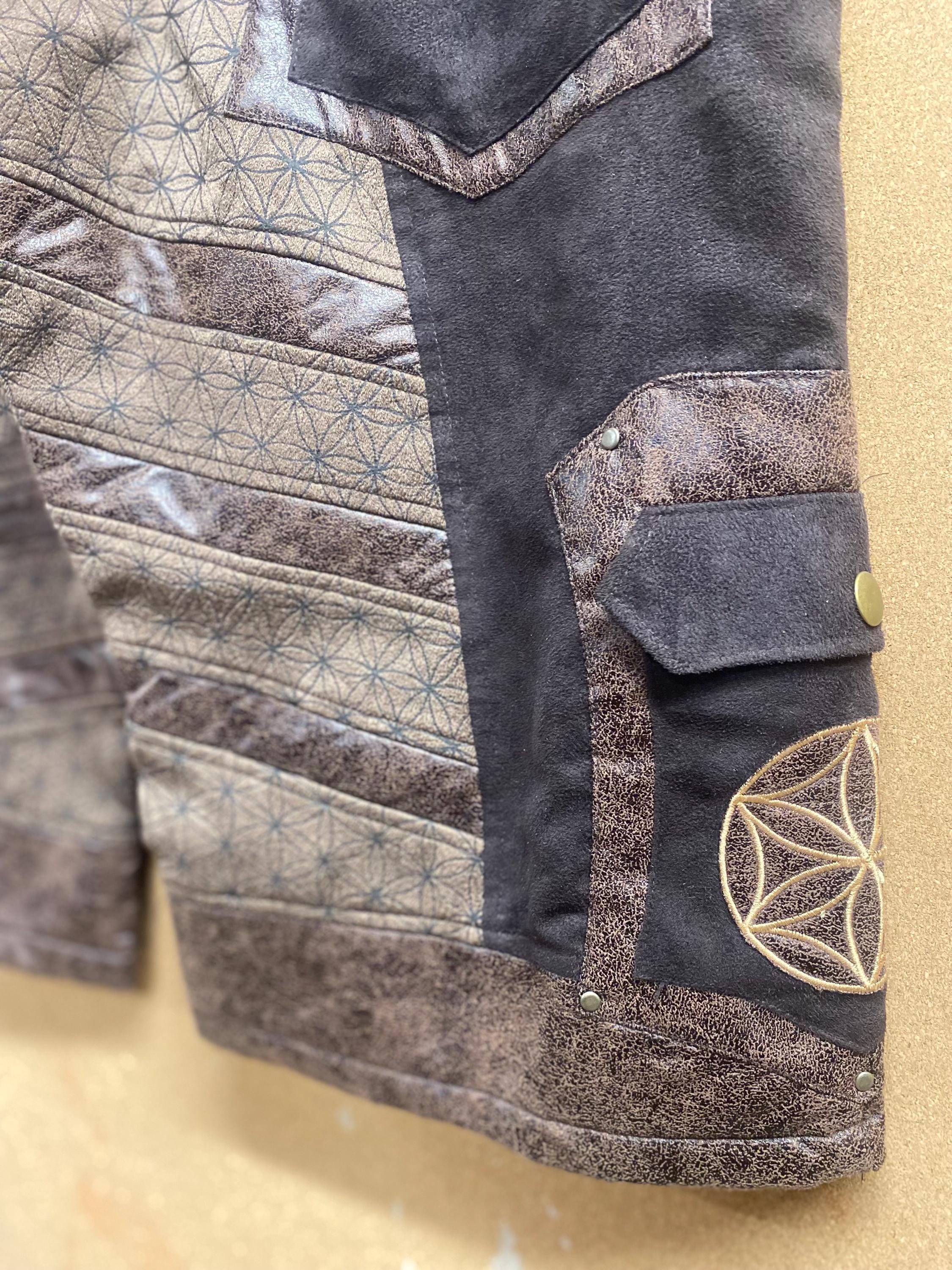 Men’s Flower of Life Shorts in Upcycled Brown Suede with Embroidery and Screenprint