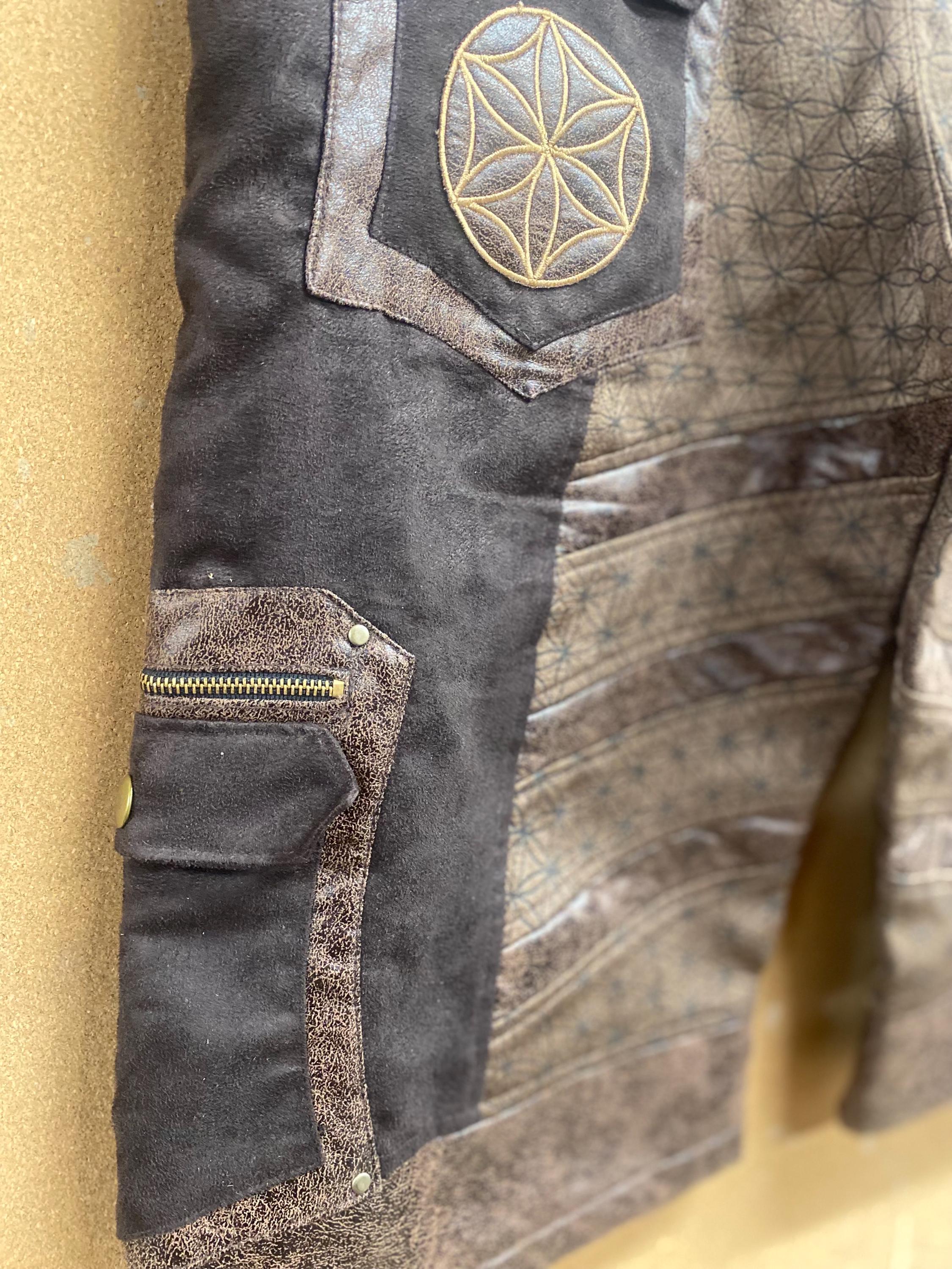 Men’s Flower of Life Shorts in Upcycled Brown Suede with Embroidery and Screenprint