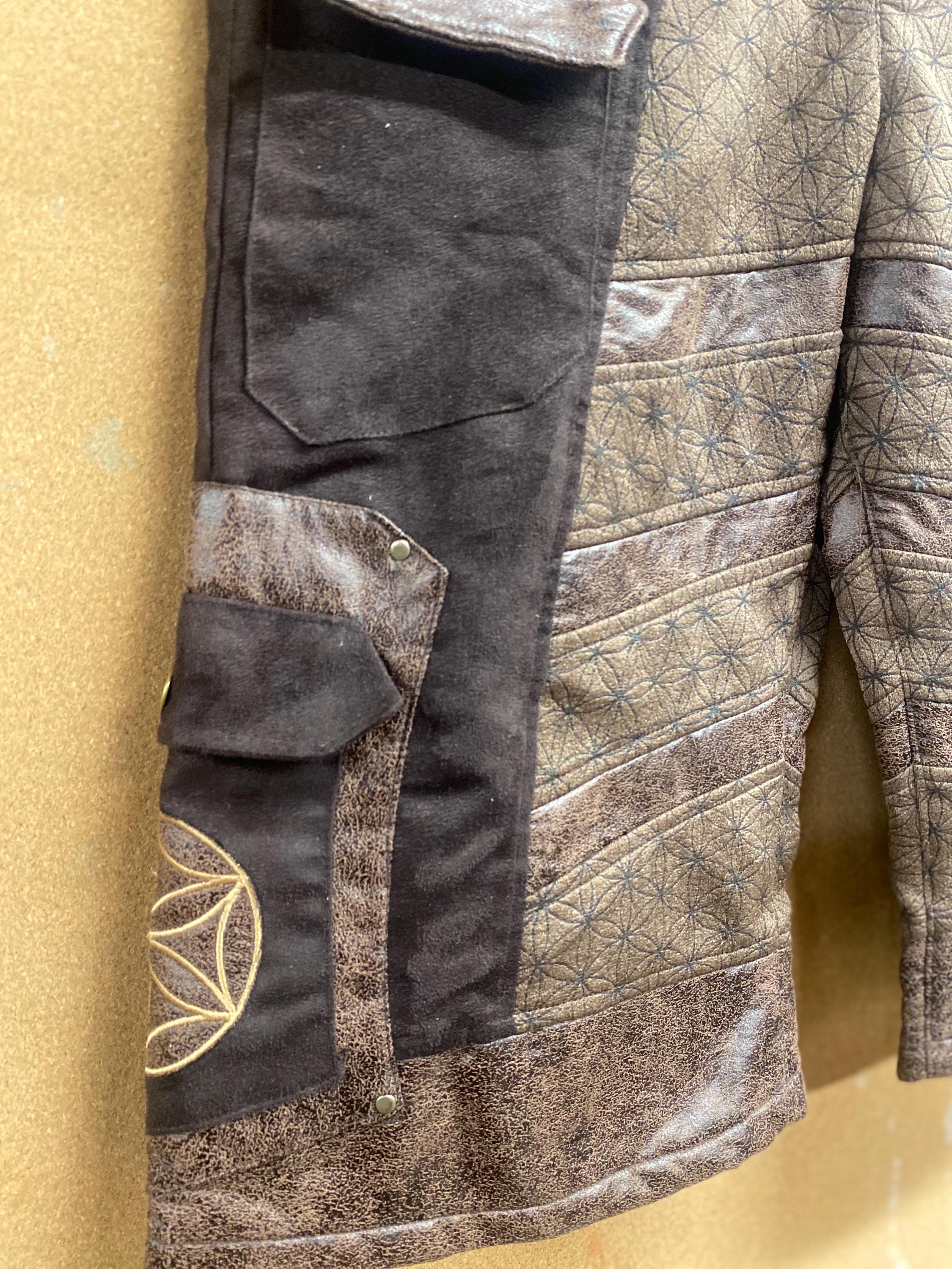 Men’s Flower of Life Shorts in Upcycled Brown Suede with Embroidery and Screenprint