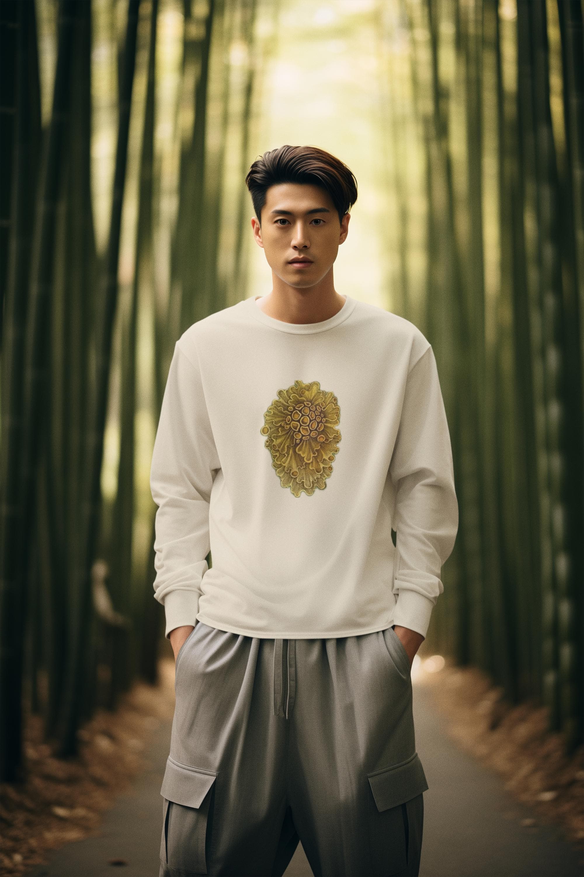 beautiful man standing in the forest he has short black straight hair and he is wearing a cream crewneck sweater with yellow wavey mushrooms printed on it