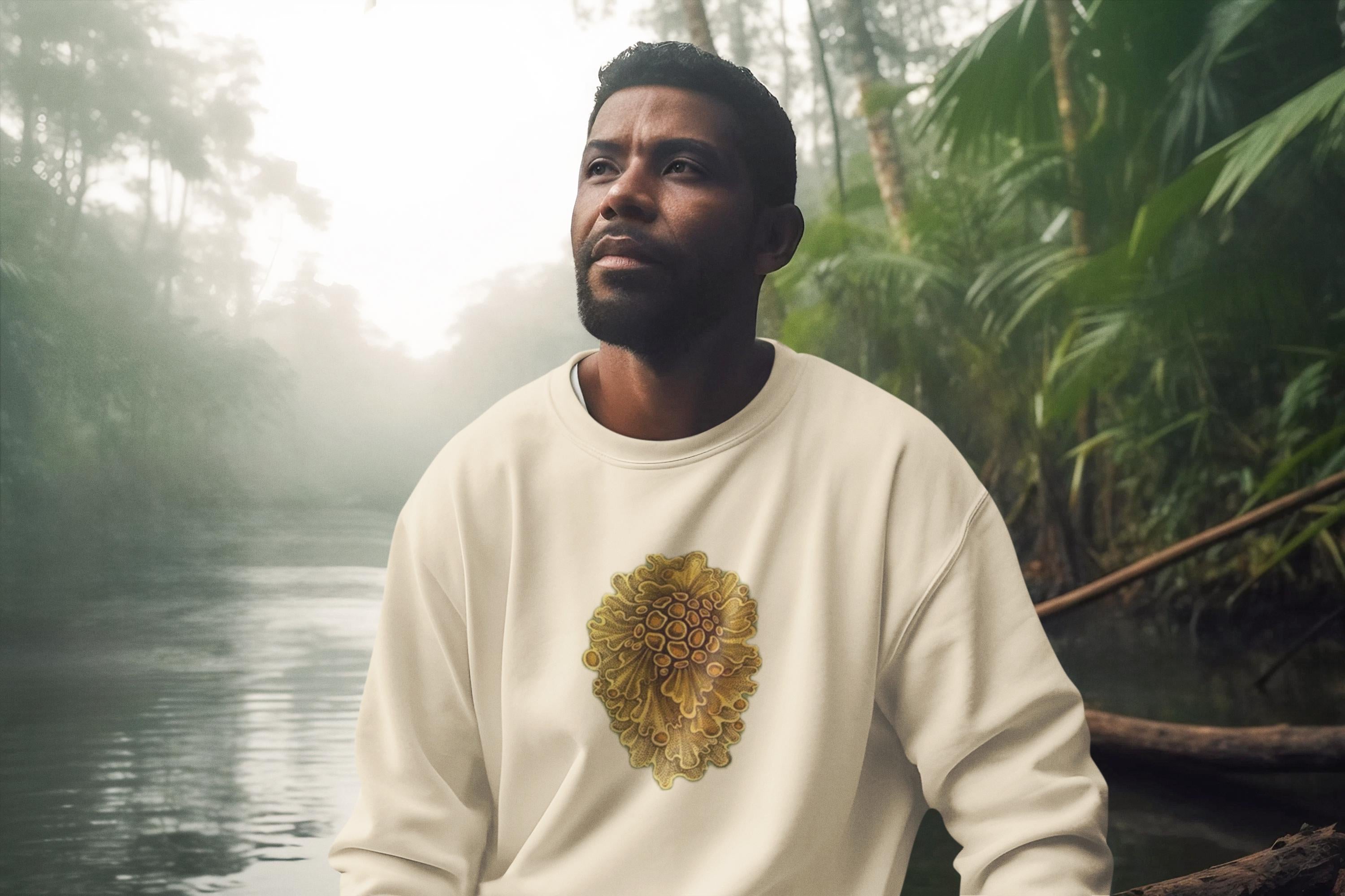 beautiful man in the tropics. he has short brown wavey hair and he is wearing a cream crewneck sweater with yellow wavey mushrooms printed on it