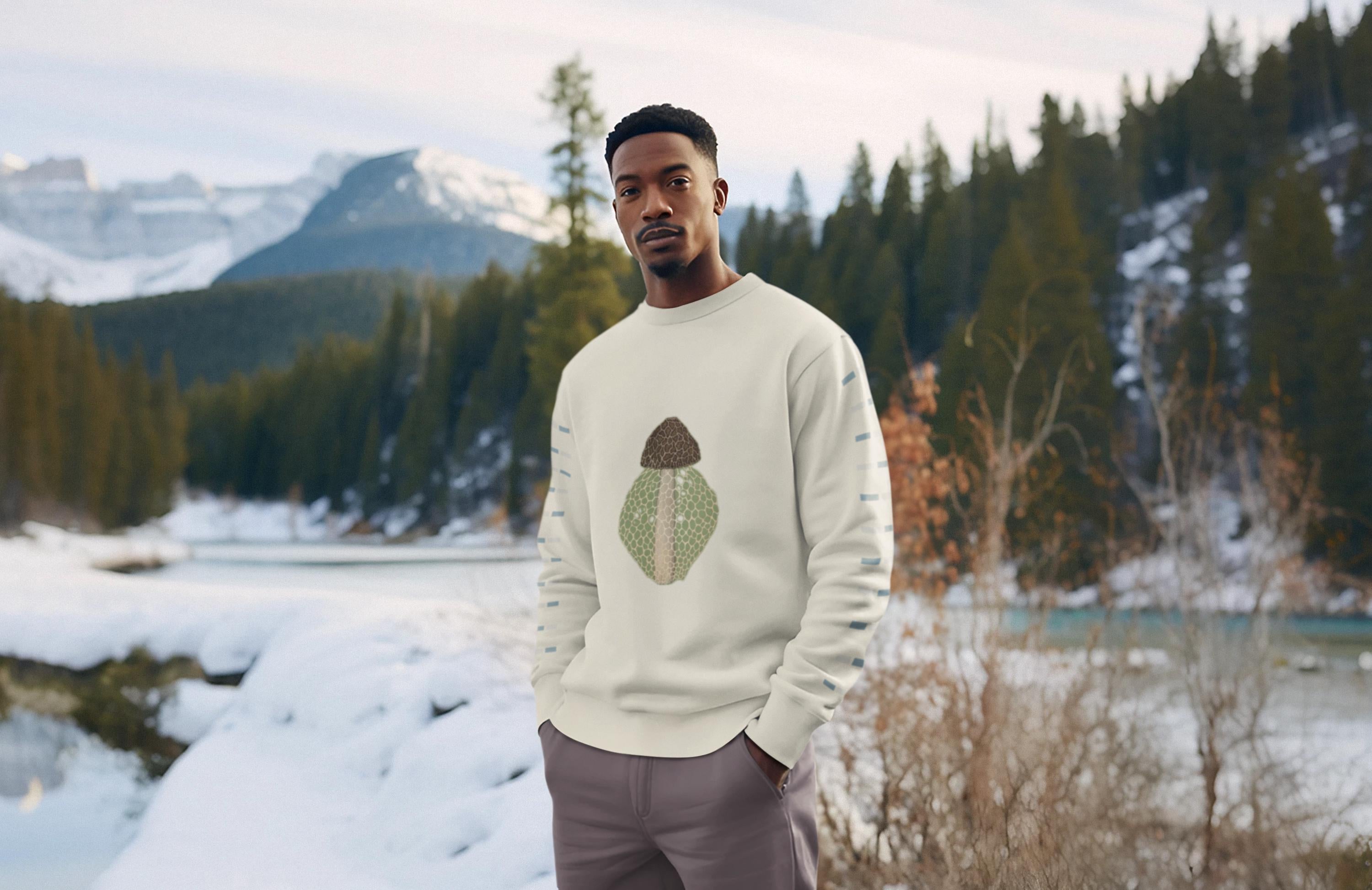 Beautiful man with dark curly hair standing in a mountainous forest with snow capped mountains behind him wearing a crew neck sweatshirt with a brown beige and green morel on it