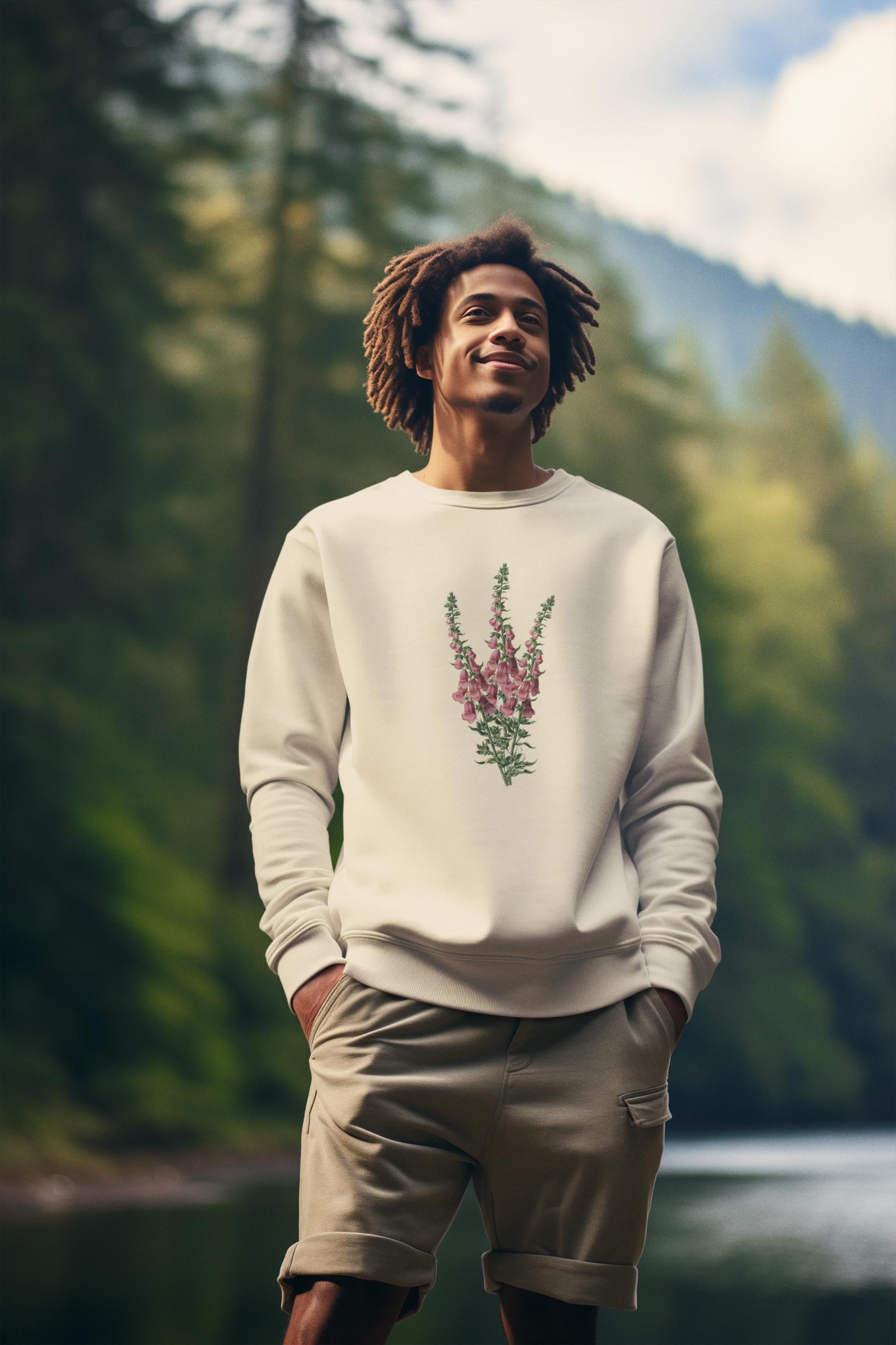 Young man  with dark curly hairstanding wearing a cream crewneck sweatshirt with a foxglove flower print on it in a pine forest