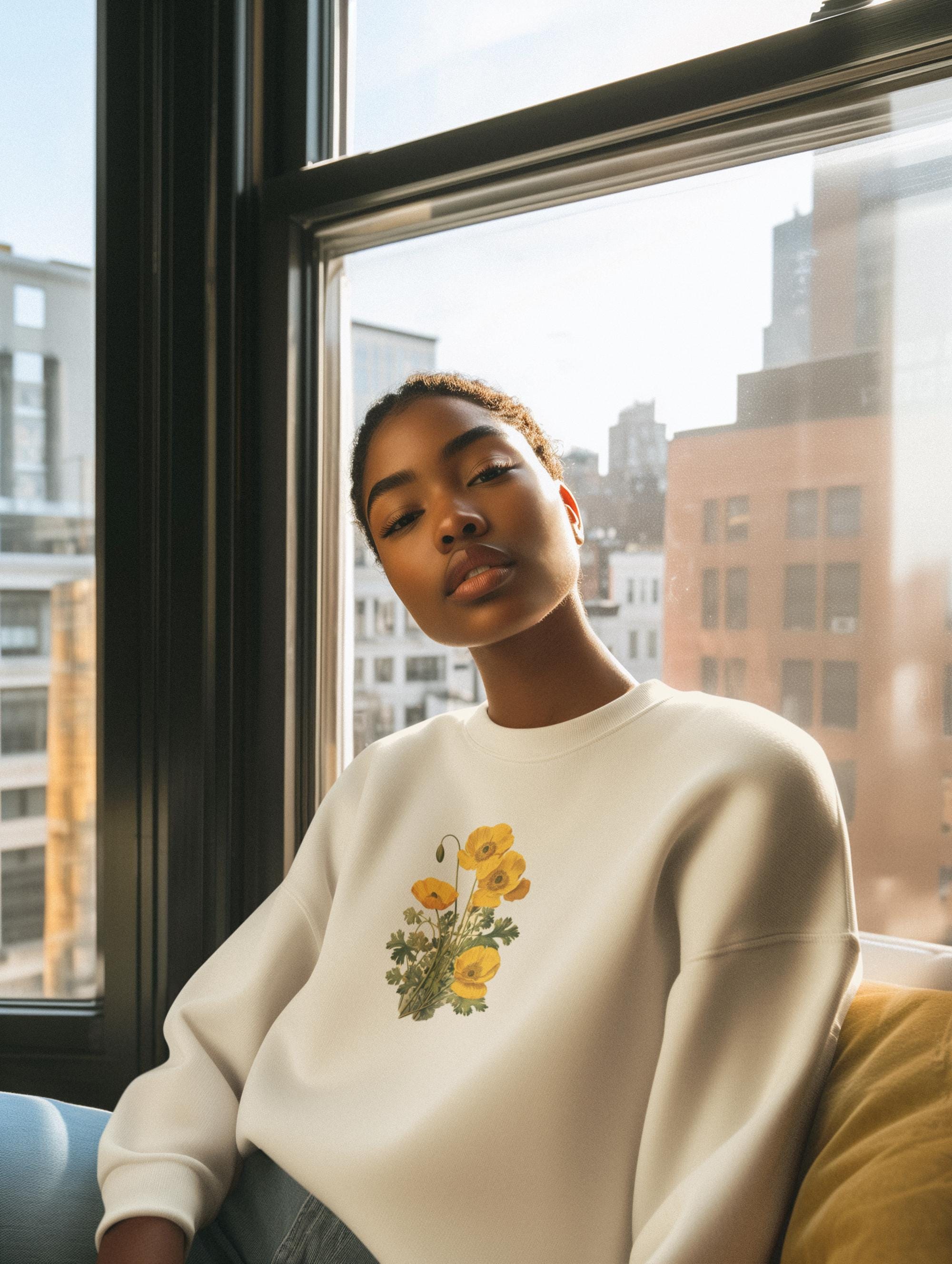 woman wearing a cream colored crewneck sweatshirt with yellow poppies on it