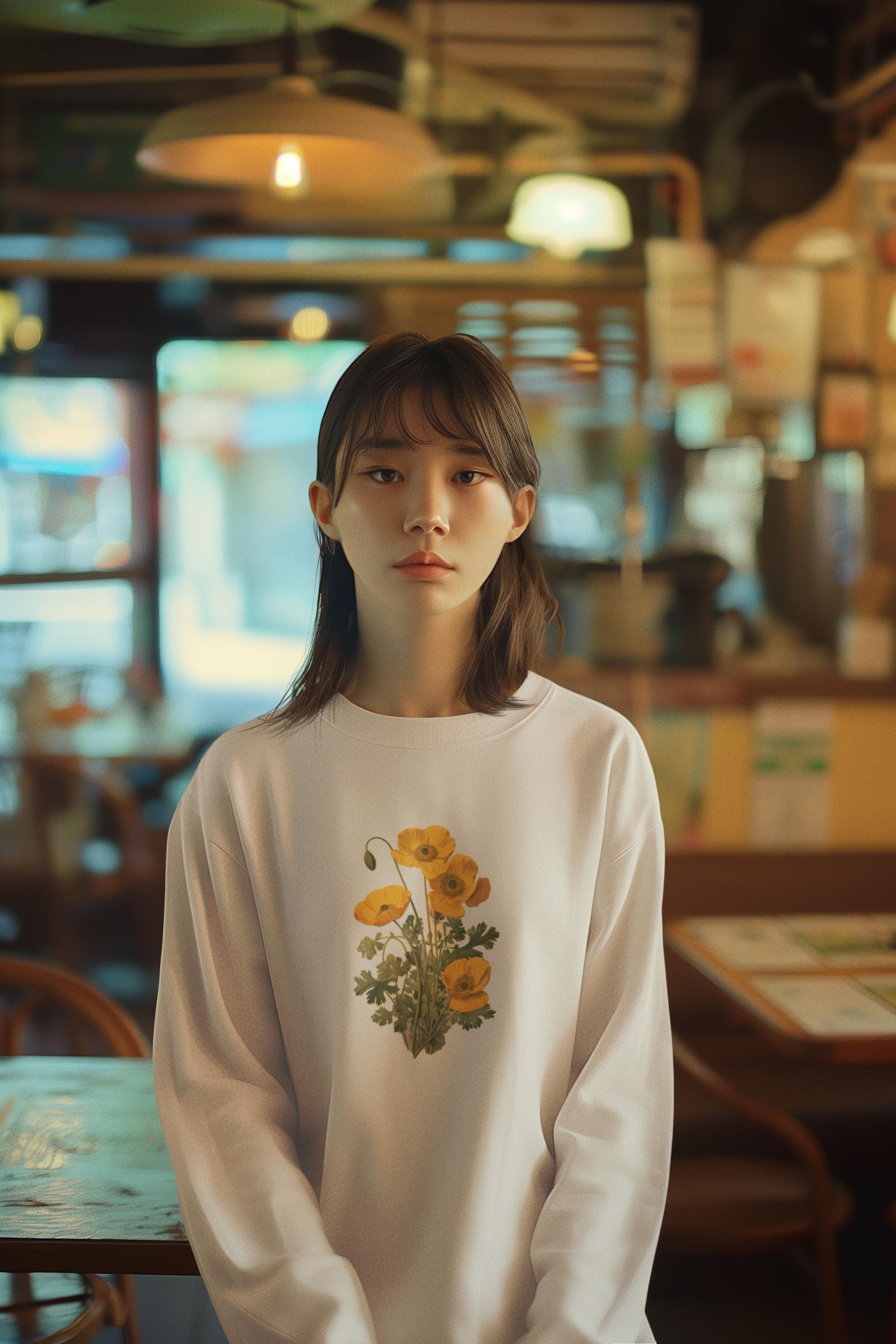 woman wearing a cream colored crewneck sweatshirt with yellow poppies on it