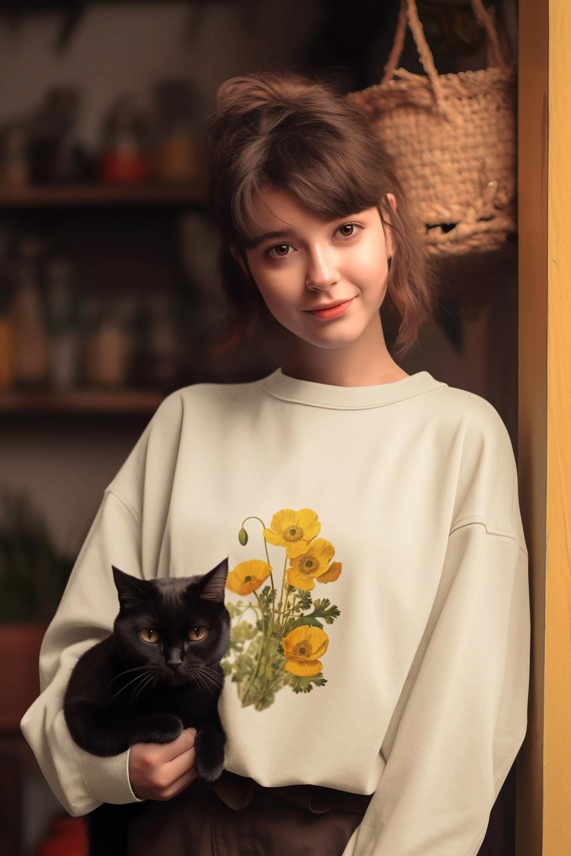 woman wearing a cream colored crewneck sweatshirt with yellow poppies on it