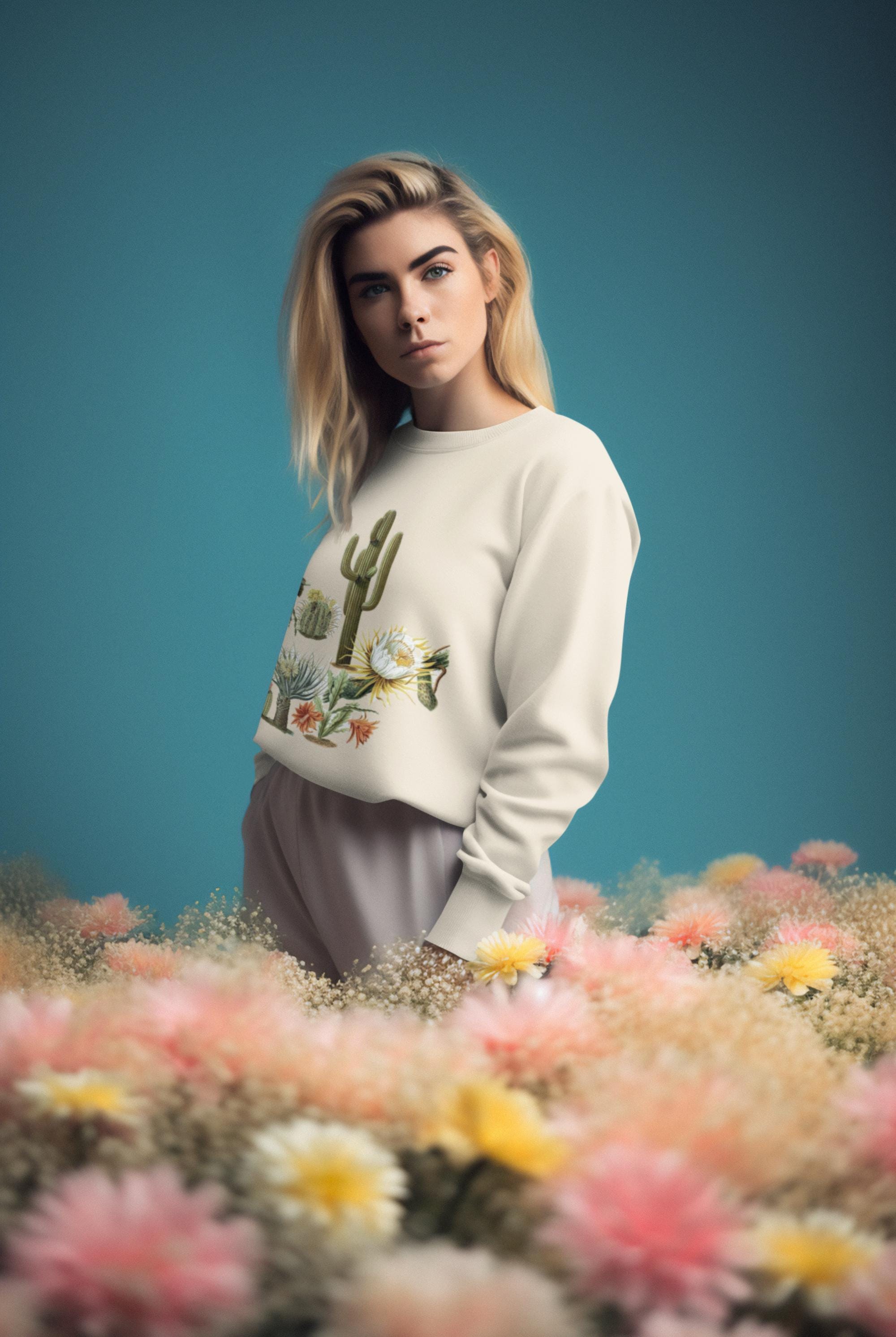 woman wearing cream colored crew neck sweatshirt with cacti and blooms on it