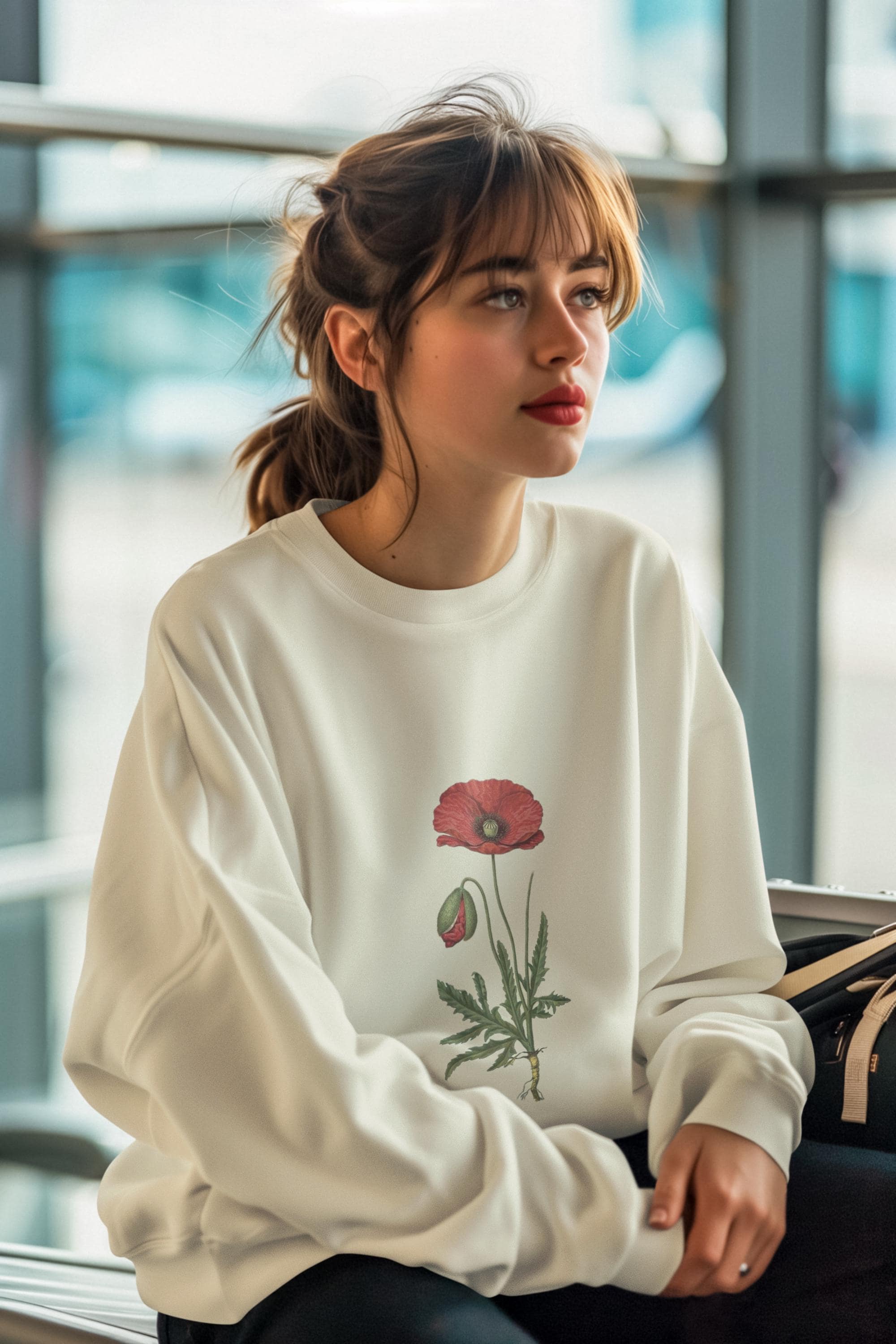 woman wearing cream crew neck sweatshirt with a red poppy on it