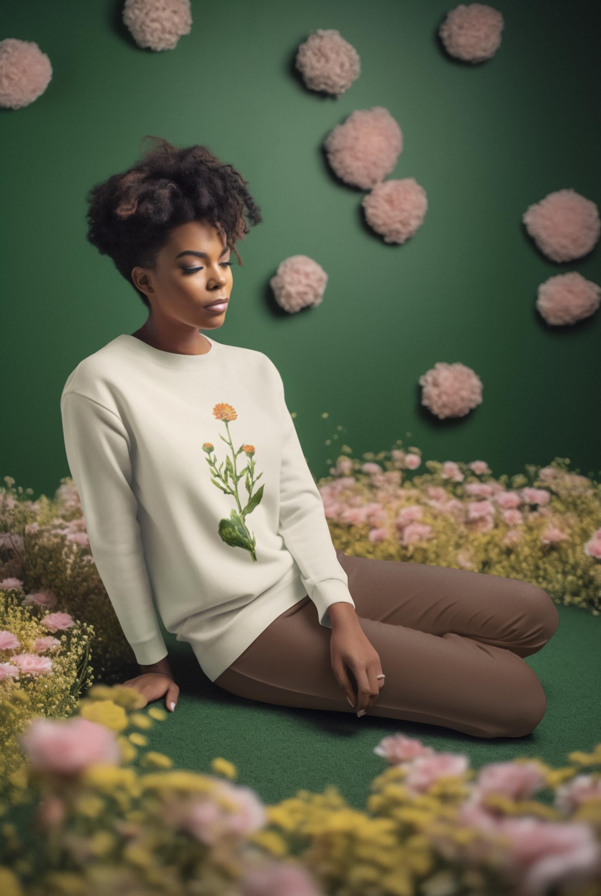 woman swearing a cream colored crewneck sweatshirt with a calendula flower printed on it