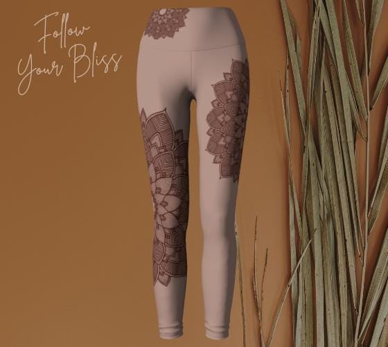 woman doing yoga and wearing yoga pants in shades of dusty rose and cacao colors with a lotus lace design on them