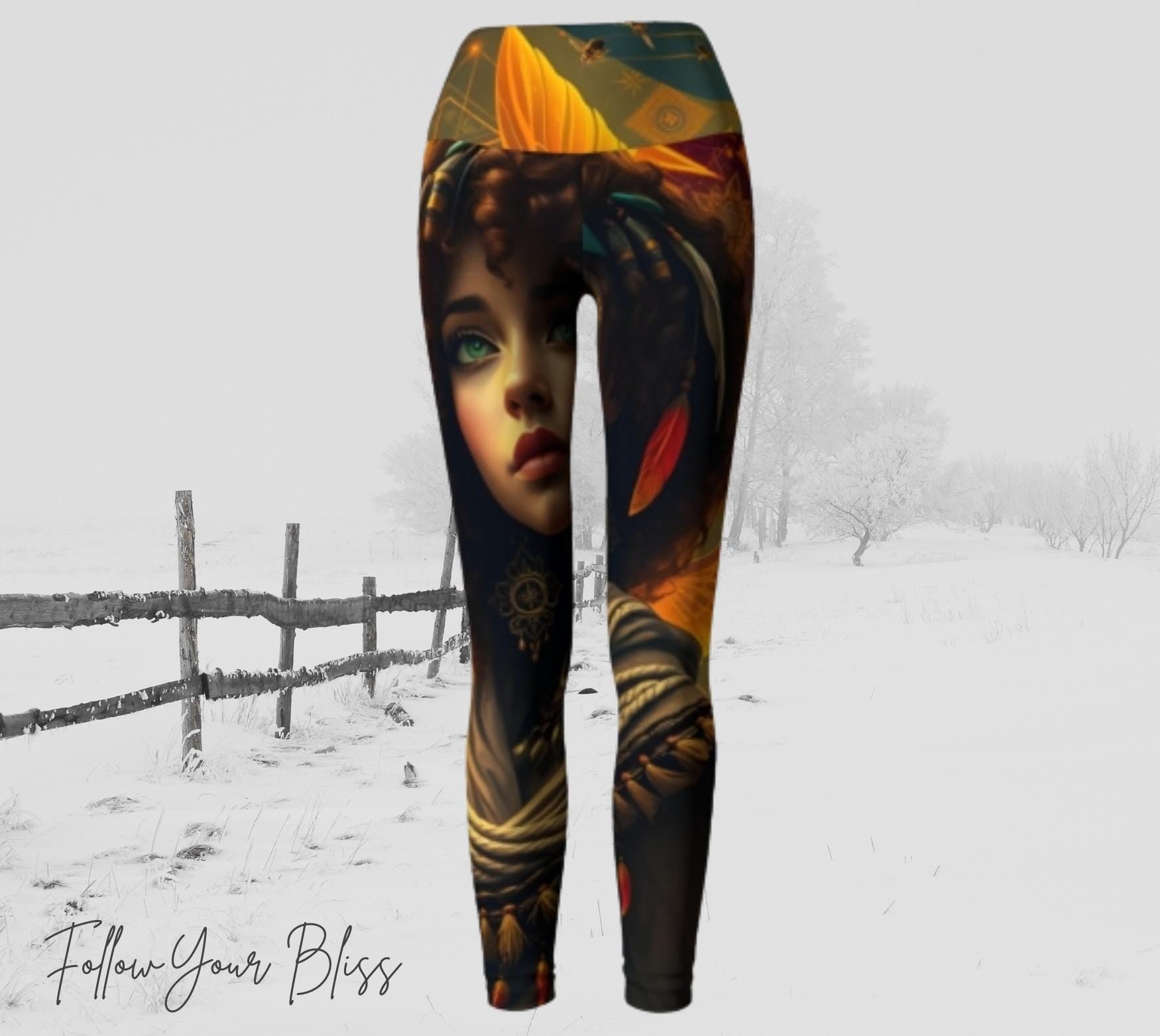 Galactic Honey Bee Hive Leggings - Portrait of a beautiful woman with bright teal eyes and honey bees flying around her - beautiful azure skies and earth toned geometric shapes surround her - she has golden wings. there&#39;s a sun on the back