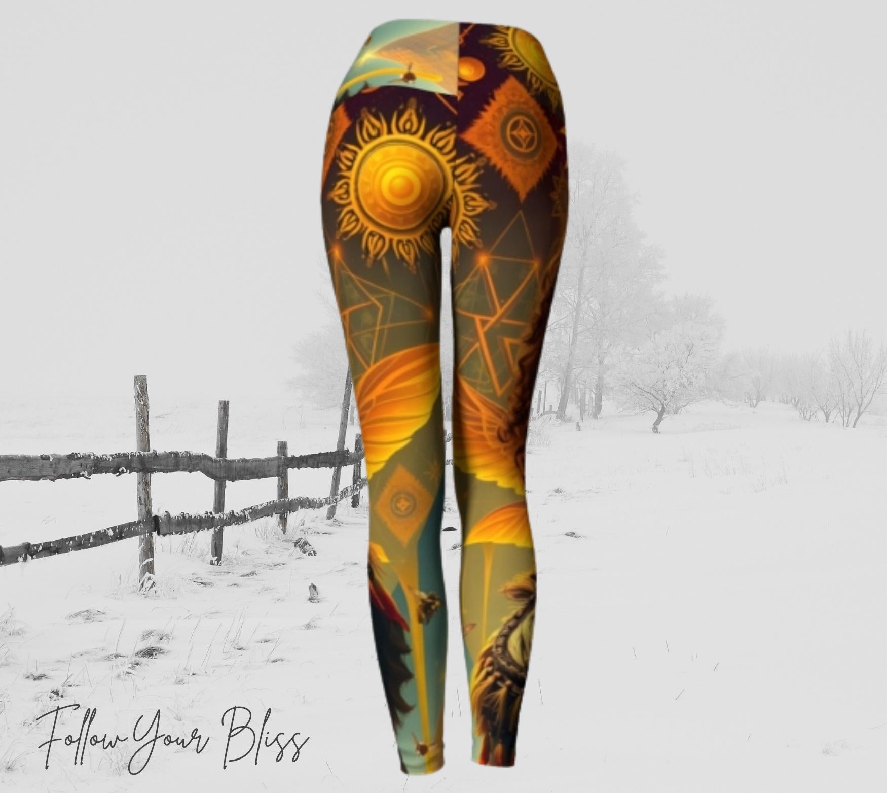 Galactic Honey Bee Hive Leggings - Portrait of a beautiful woman with bright teal eyes and honey bees flying around her - beautiful azure skies and earth toned geometric shapes surround her - she has golden wings. there&#39;s a sun on the back