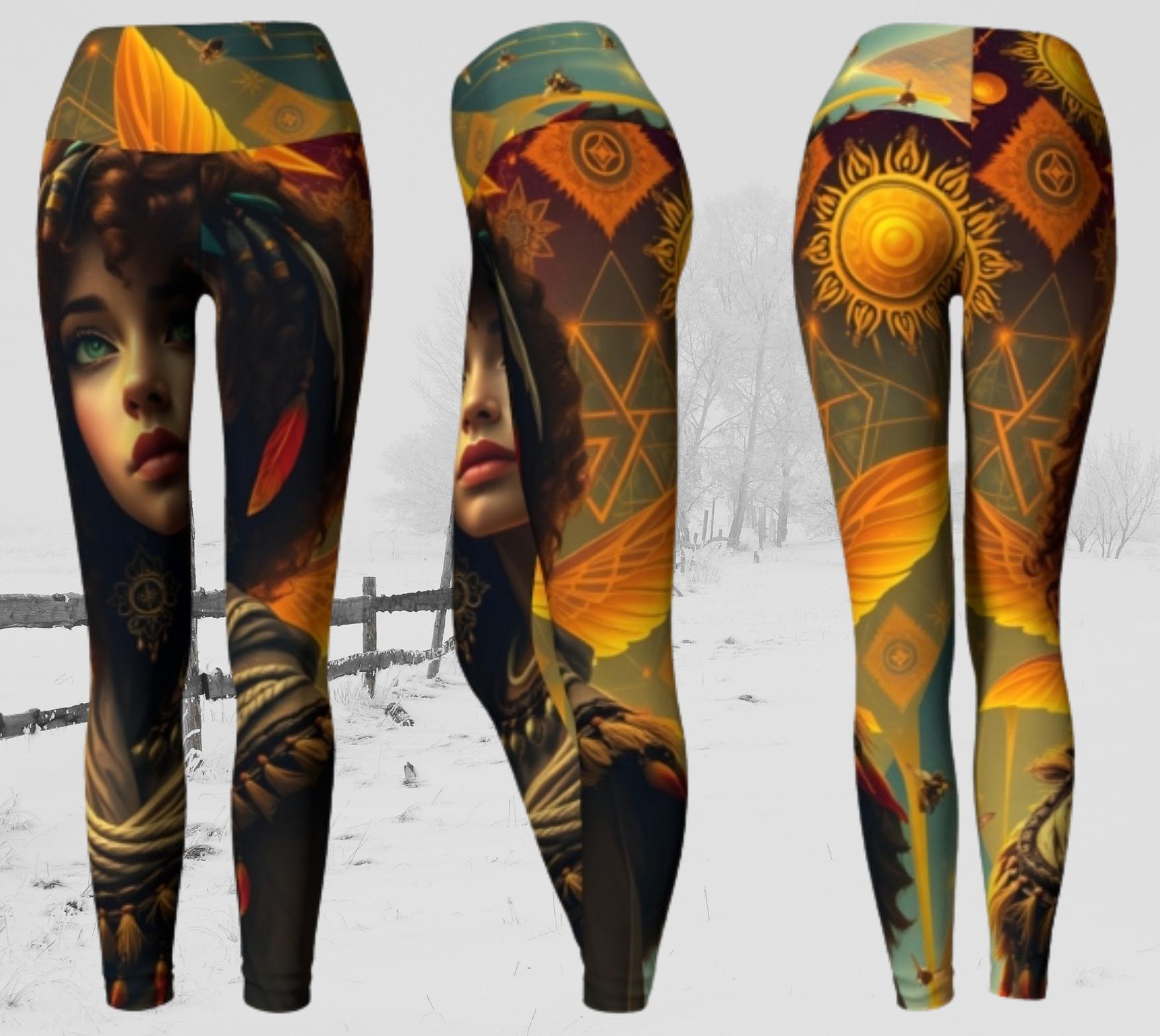 Galactic Honey Bee Hive Leggings - Portrait of a beautiful woman with bright teal eyes and honey bees flying around her - beautiful azure skies and earth toned geometric shapes surround her - she has golden wings. there&#39;s a sun on the back