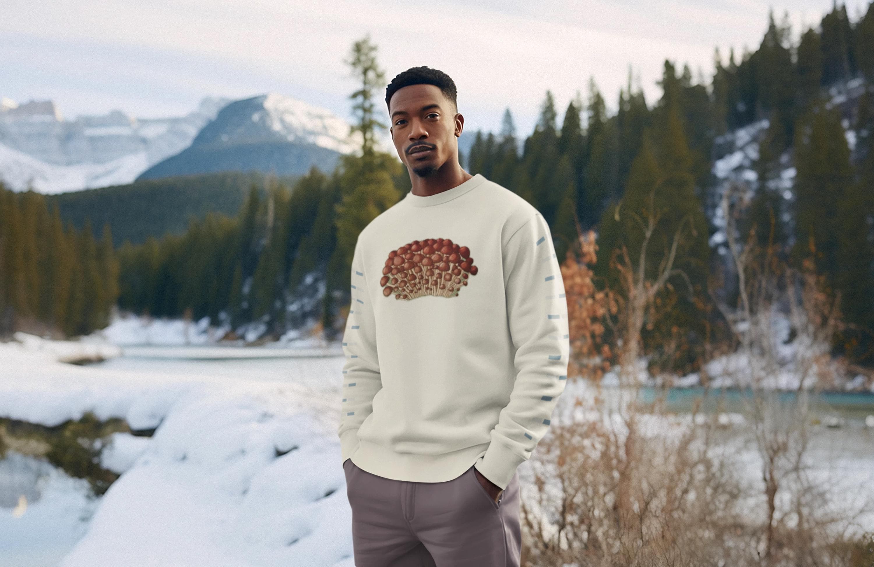 Beautiful man with brown short hair in the snowy mountains wearing a crewneck sweatshirt in cream with tiny little red and beige mushrooms