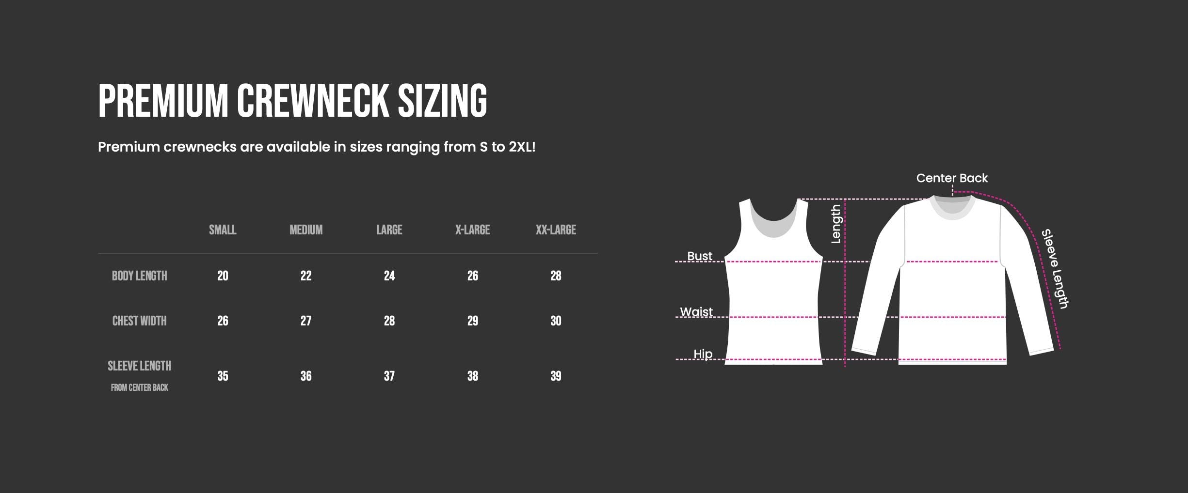 sizing chart in black and white for tank tops and sweatshirts