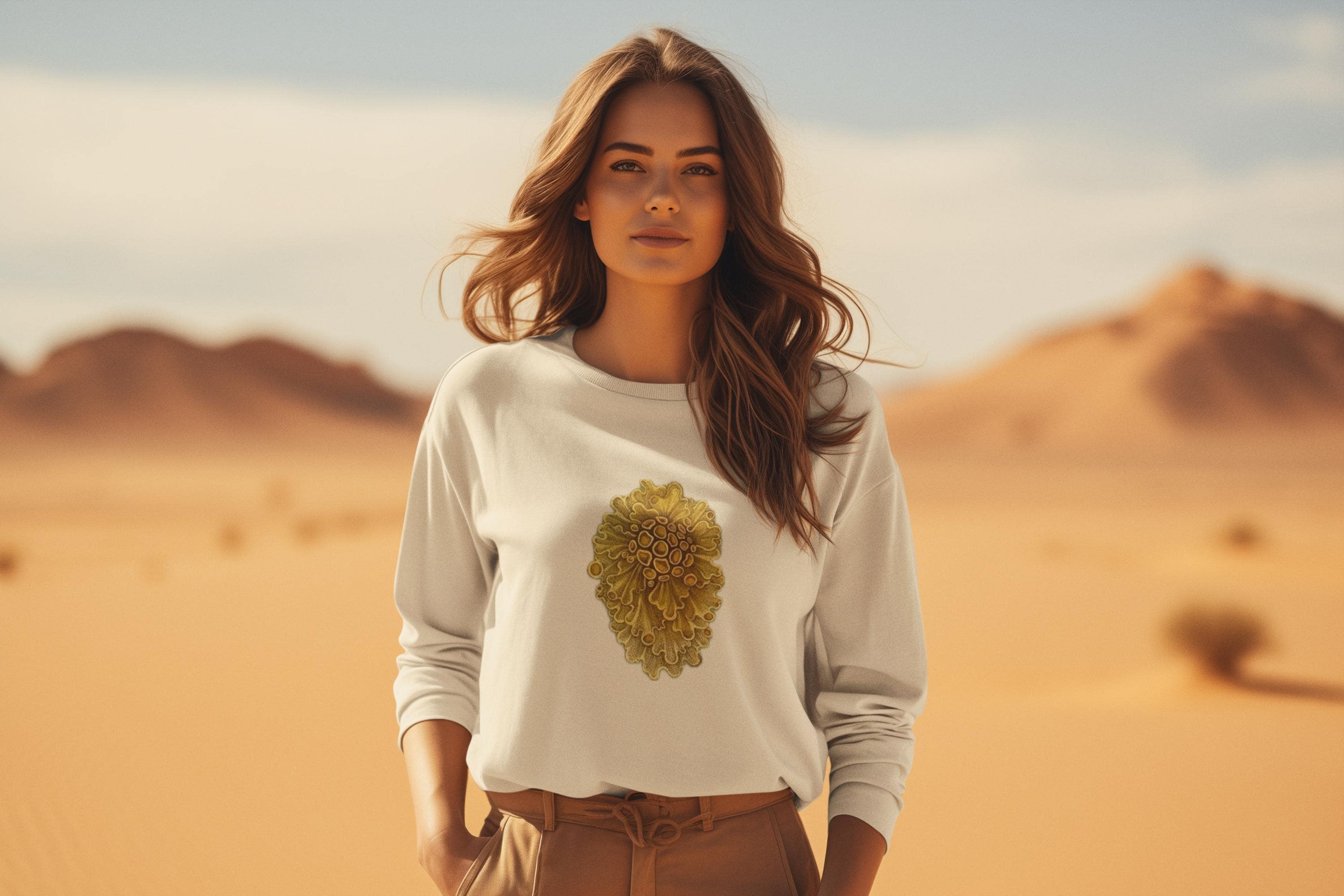 beautiful woman standing in the desert. she has long brown wavey hair and she is wearing a cream crewneck sweater with yellow wavey mushrooms printed on it