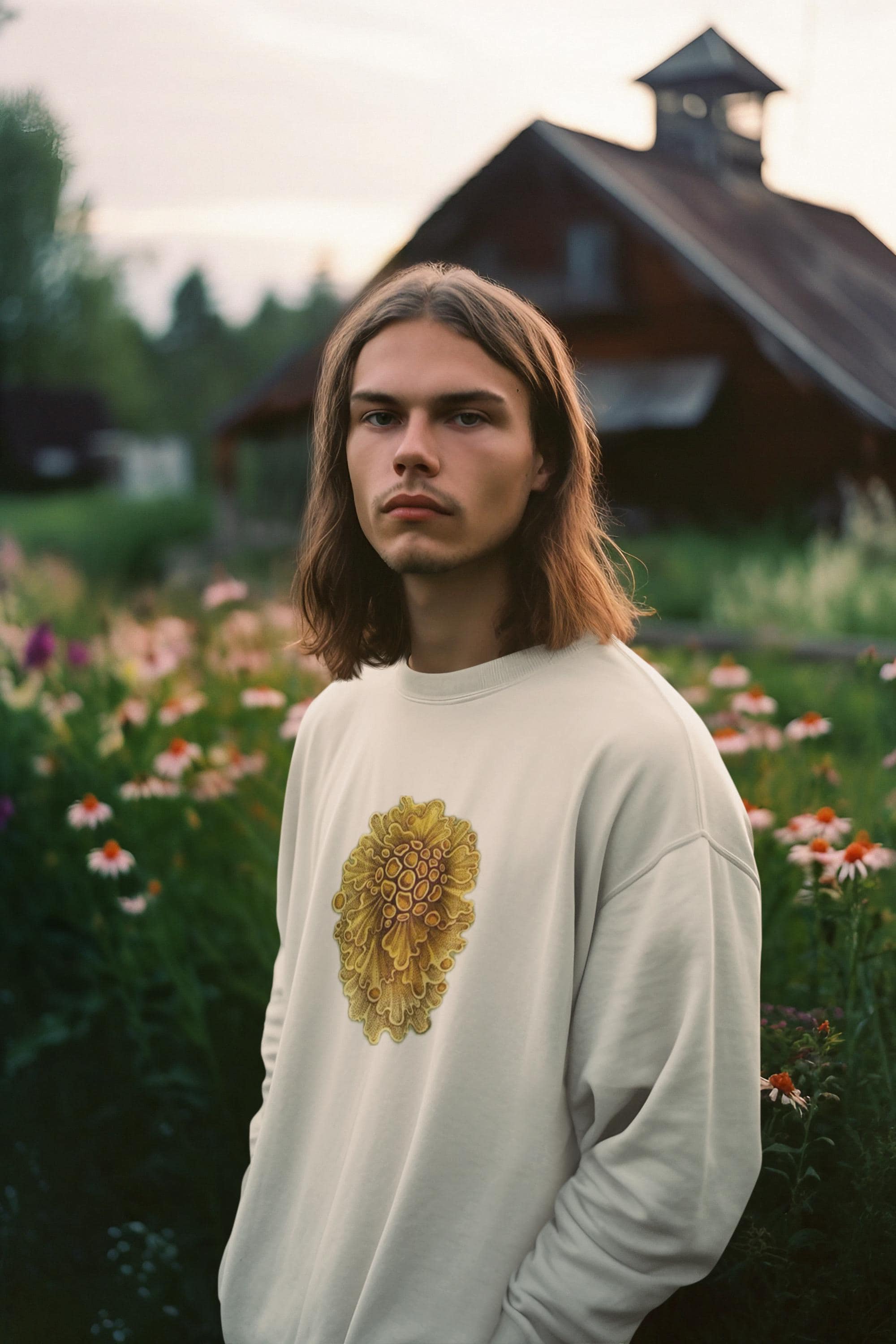 beautiful man standing in a flower field. he has long brown straight hair and he is wearing a cream crewneck sweater with yellow wavey mushrooms printed on it