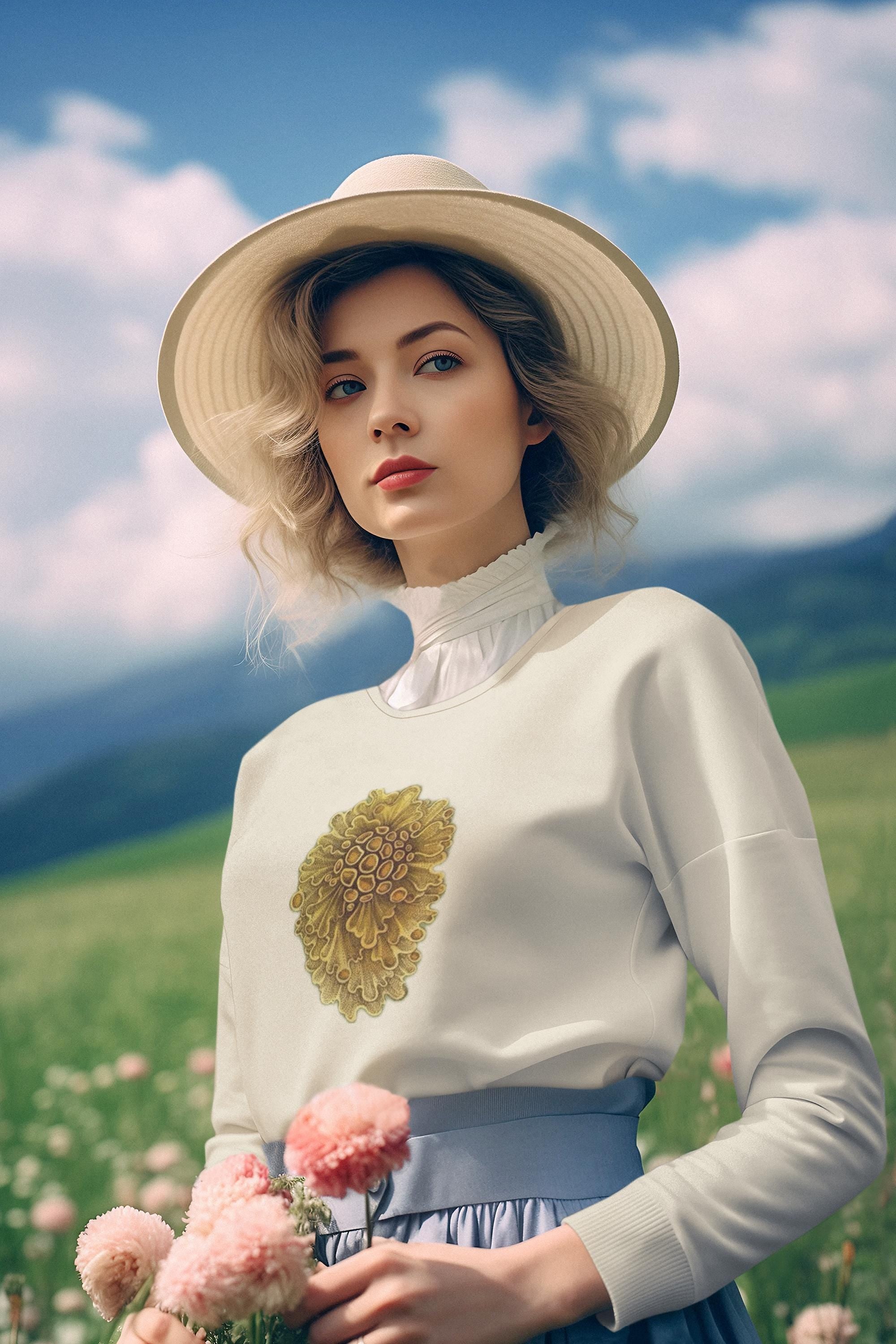 beautiful woman sitting in a flower meadow. she has short blonde wavey hair and she is wearing a cream crewneck sweater with yellow wavey mushrooms printed on it