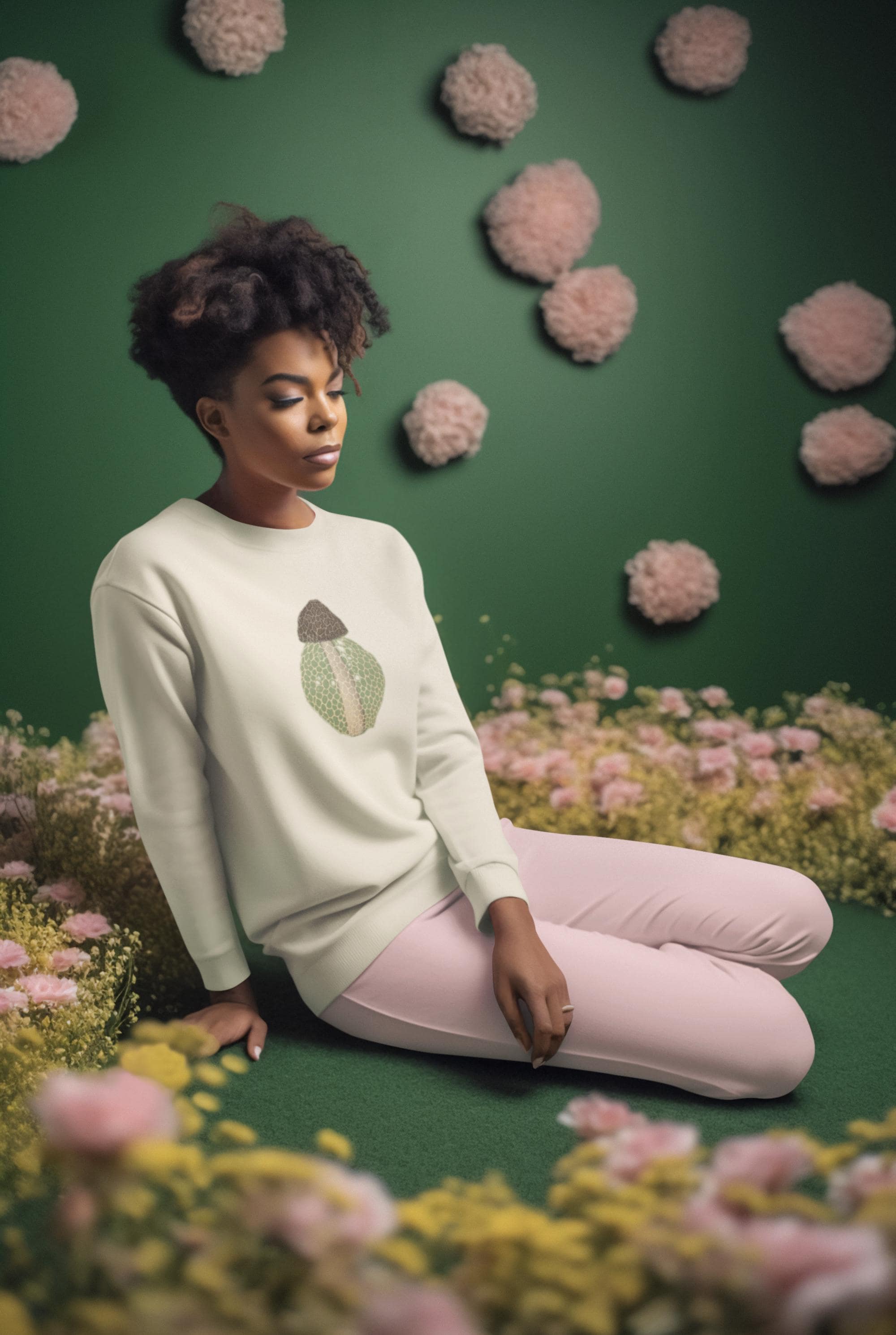 Beautiful woman with dark curly hair sitting in a green room surrounded by pink flowers and green moss wearing a crew neck sweatshirt with a brown beige and green morel on it