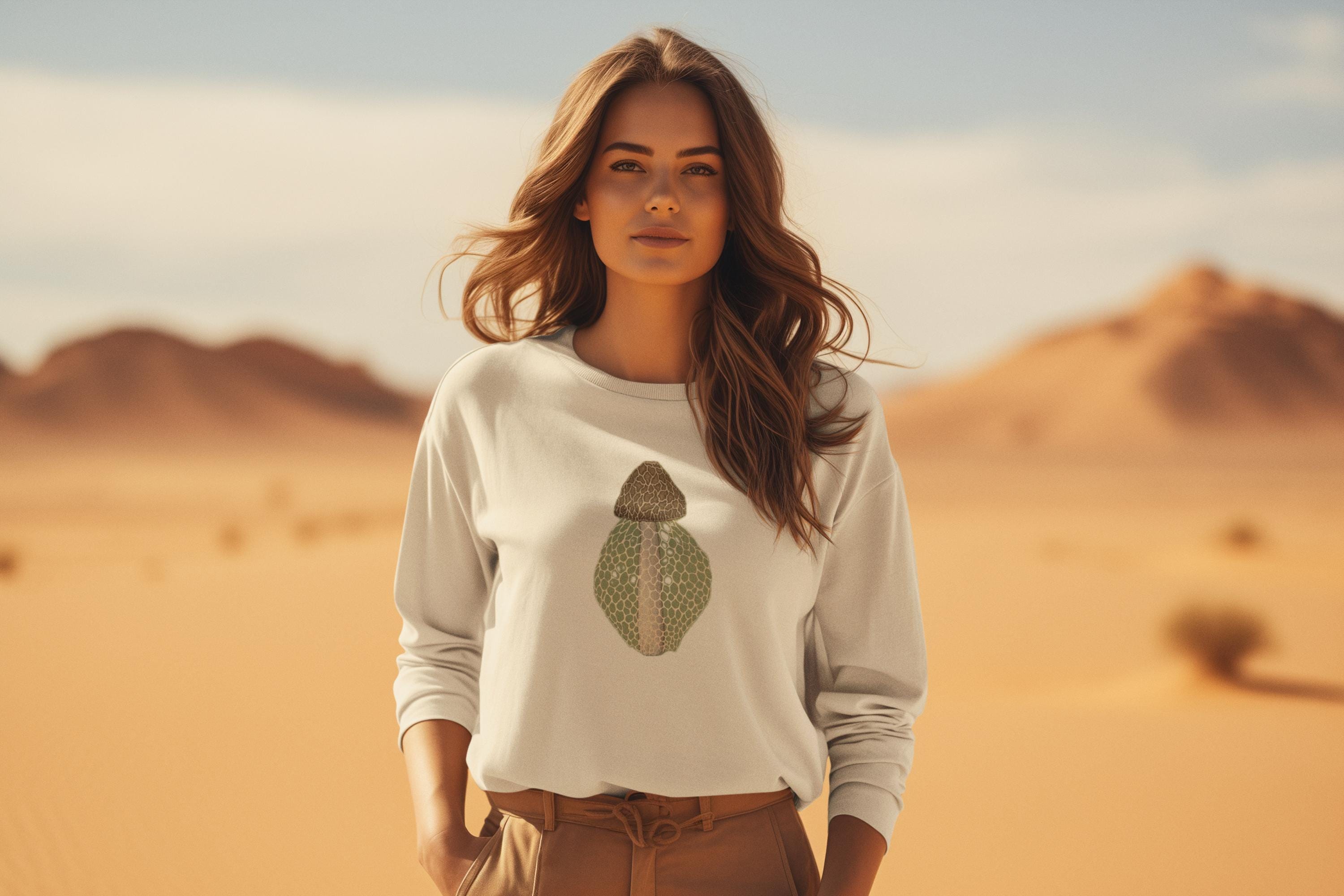 Beautiful woman with dark wavey hair in the desert wearing a crew neck sweatshirt with a brown beige and green morel on it