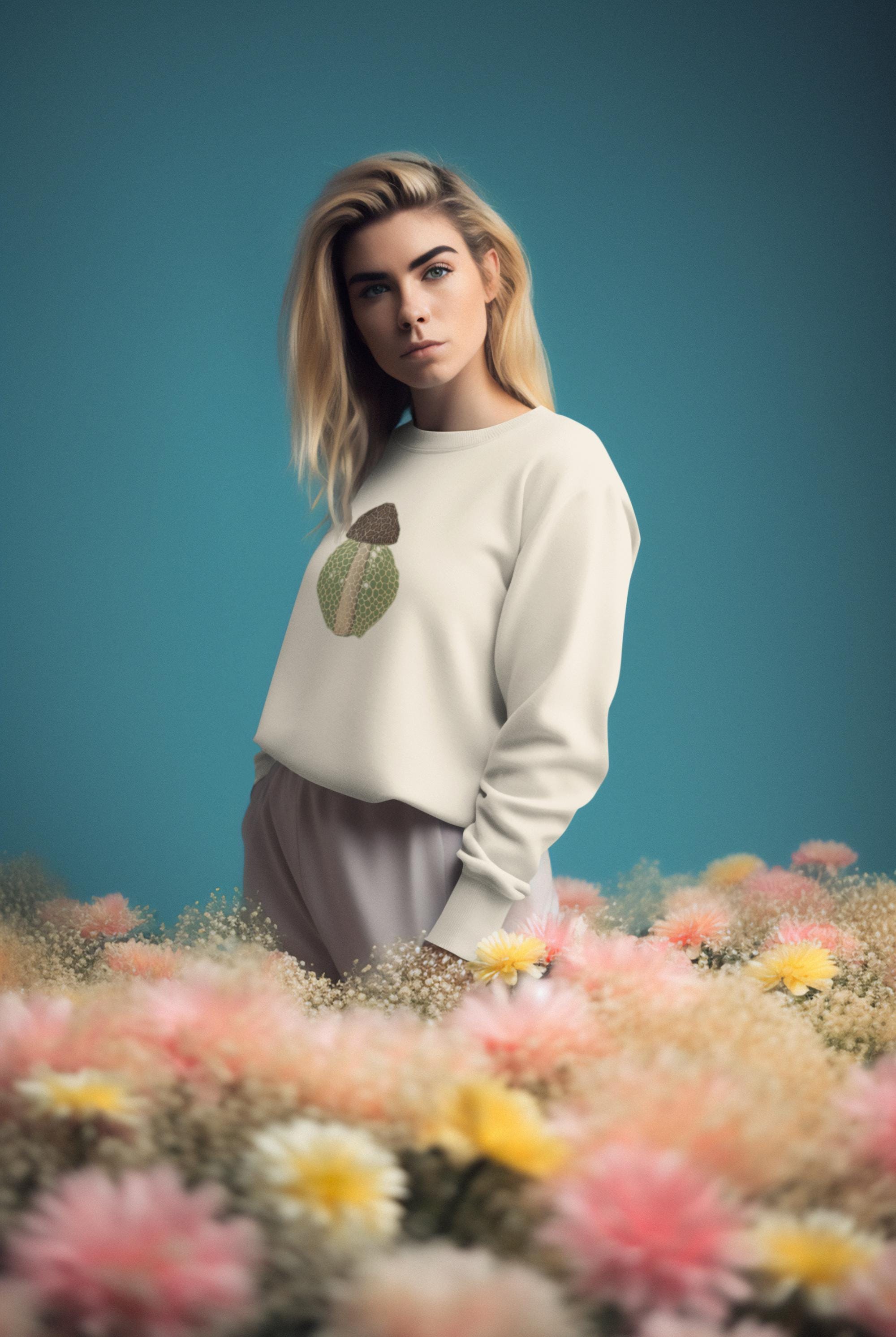 Beautiful woman with straight blonde hair standing in a blue room surrounded by pink flowers wearing a crew neck sweatshirt with a brown beige and green morel on it