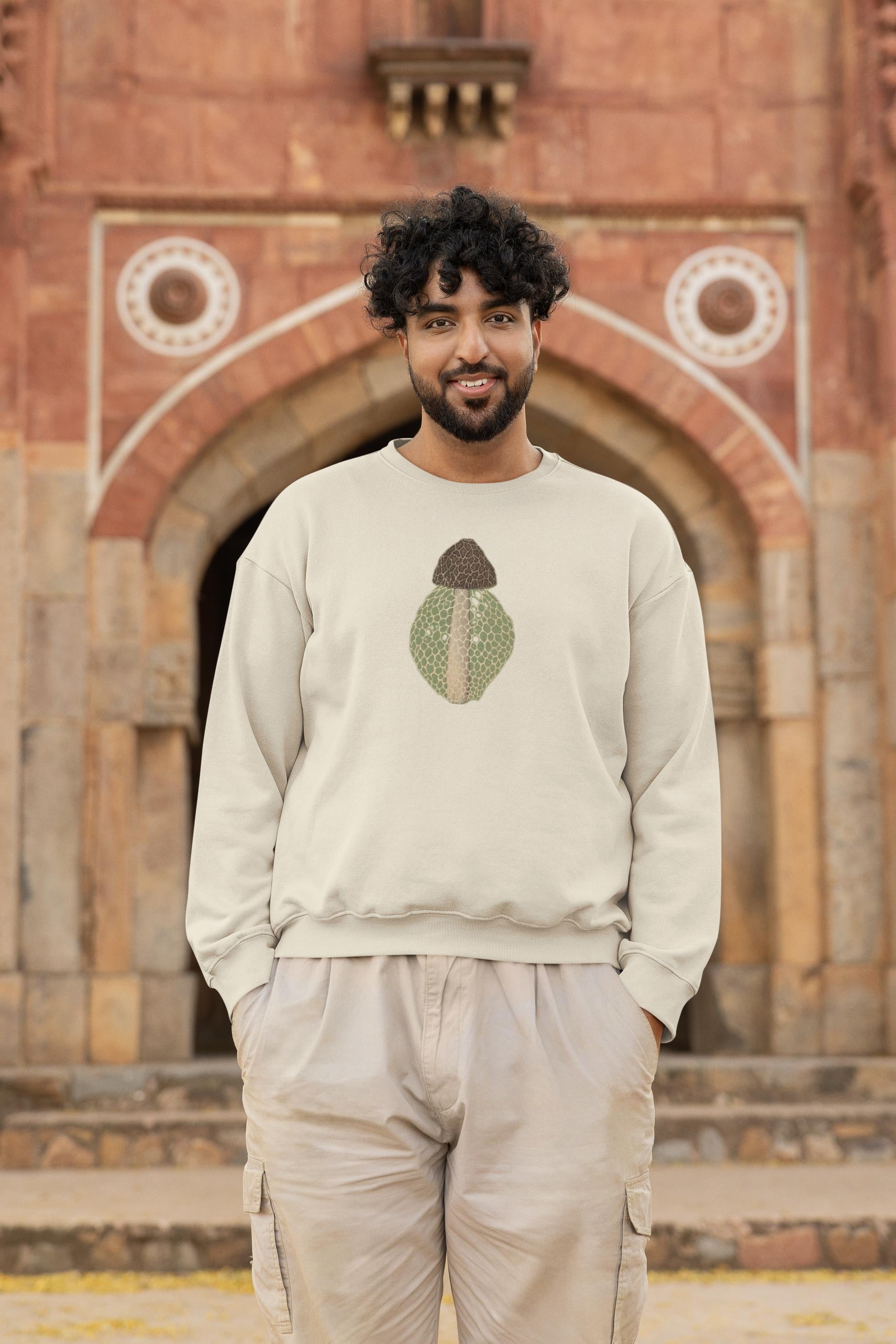 Beautiful man with dark curly hair standing in front of terra-cotta building moss wearing a crew neck sweatshirt with a brown beige and green morel on it