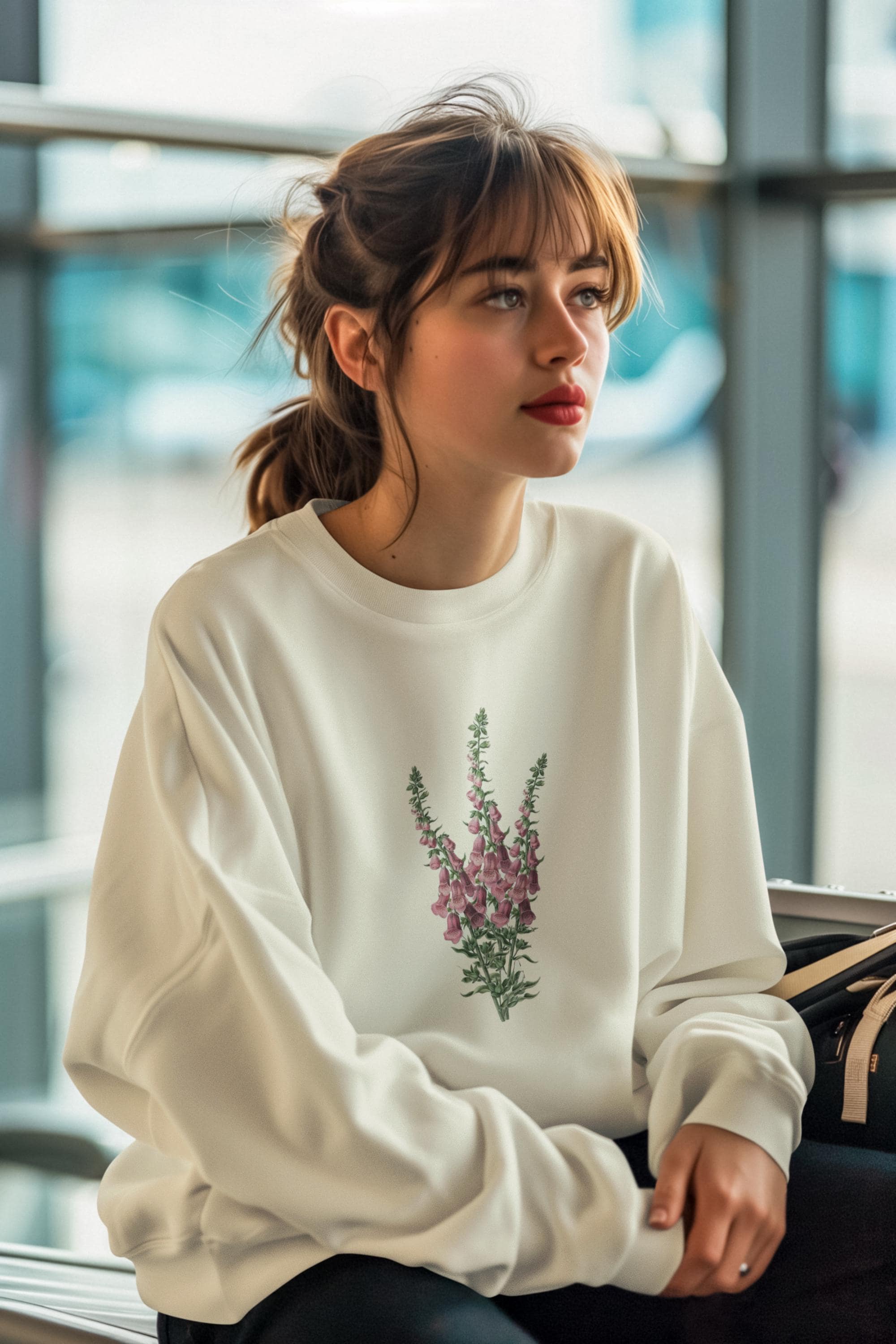 Young woman with blonde ponytailed bangs sitting wearing a cream crewneck sweatshirt with a foxglove flower print on it