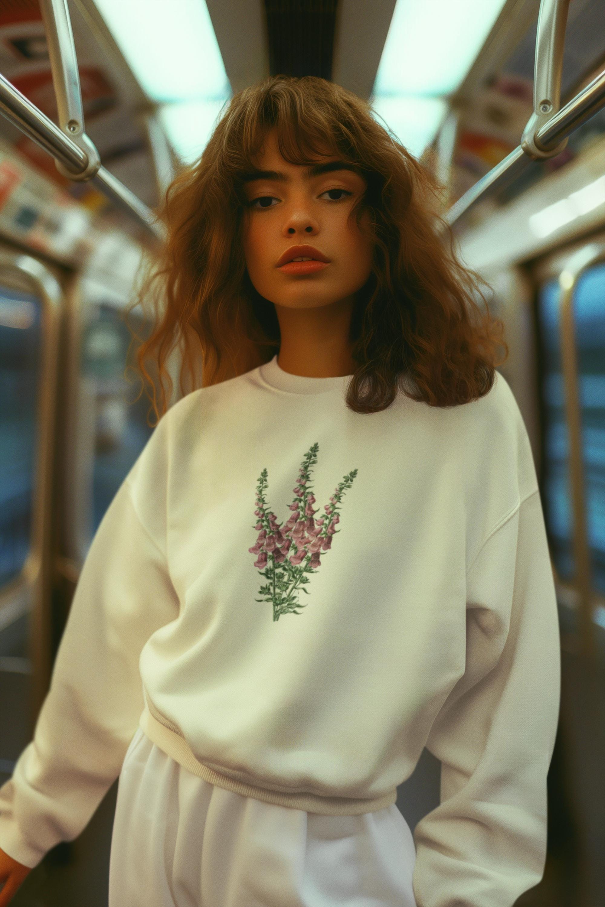 Young woman with shoulder length brown hair and bangs standing wearing a cream crewneck sweatshirt with a foxglove flower print on it in a subway car