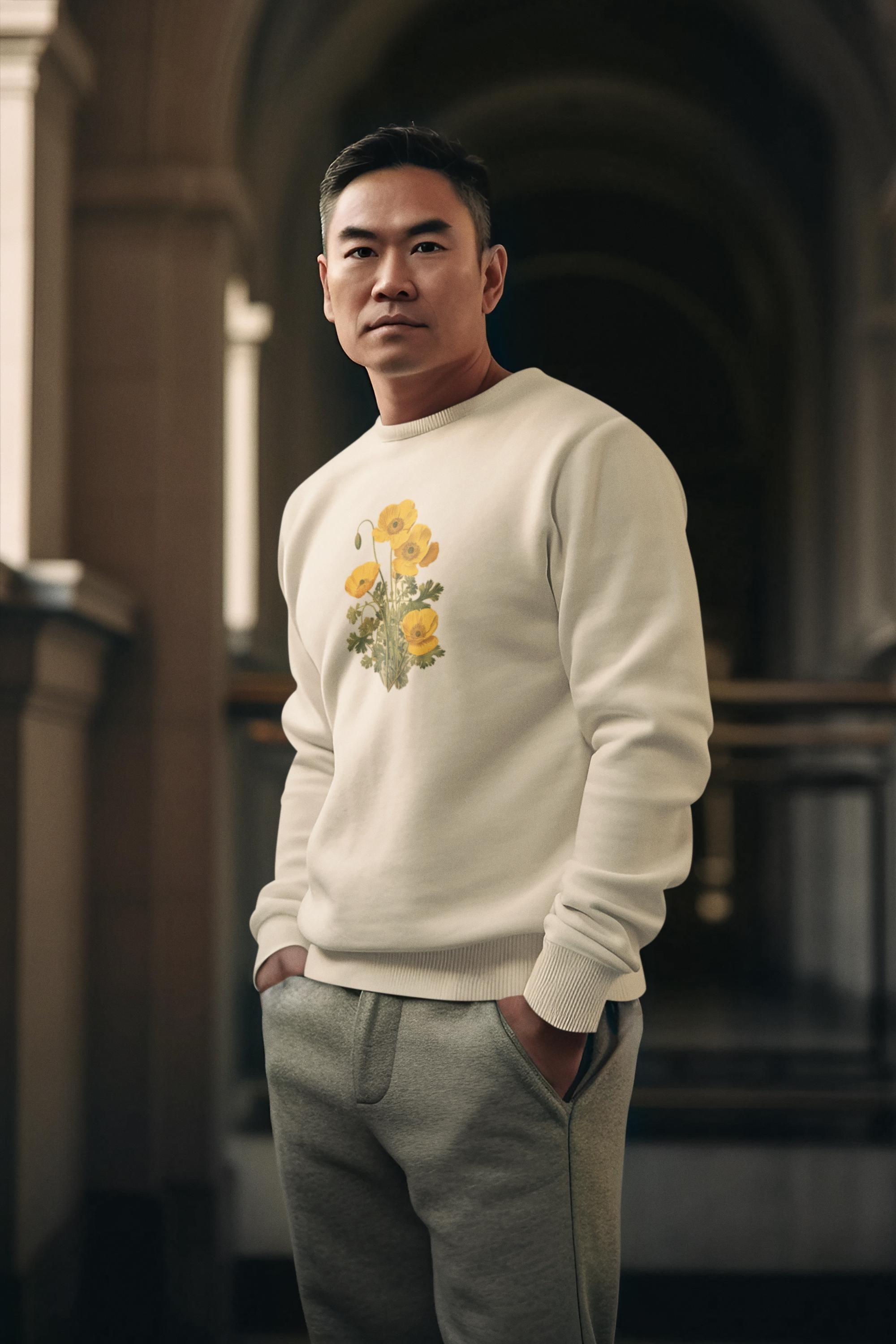 man wearing a cream colored crewneck sweatshirt with yellow poppies on it