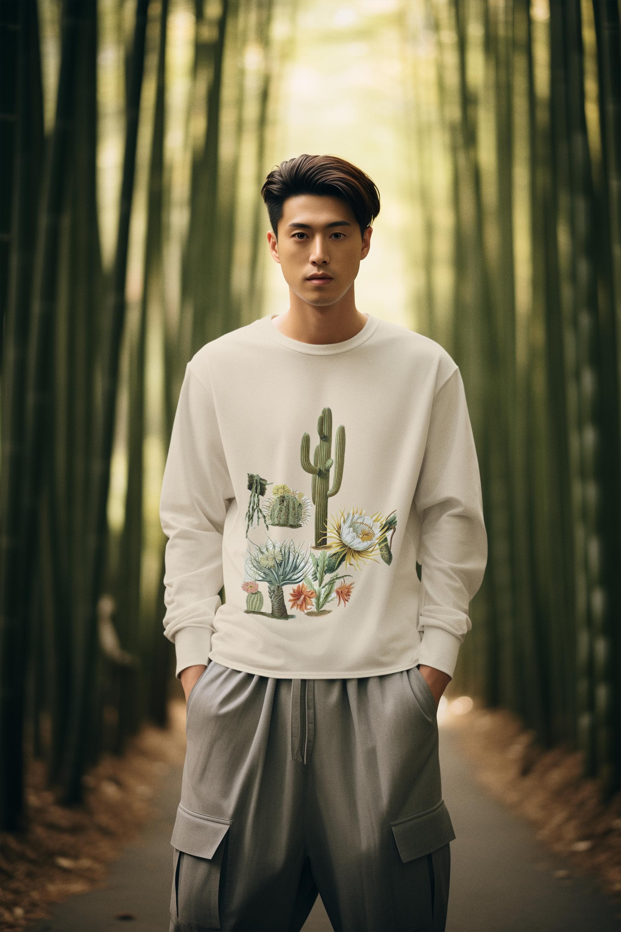 man wearing cream colored crew neck sweatshirt with cacti and blooms on it