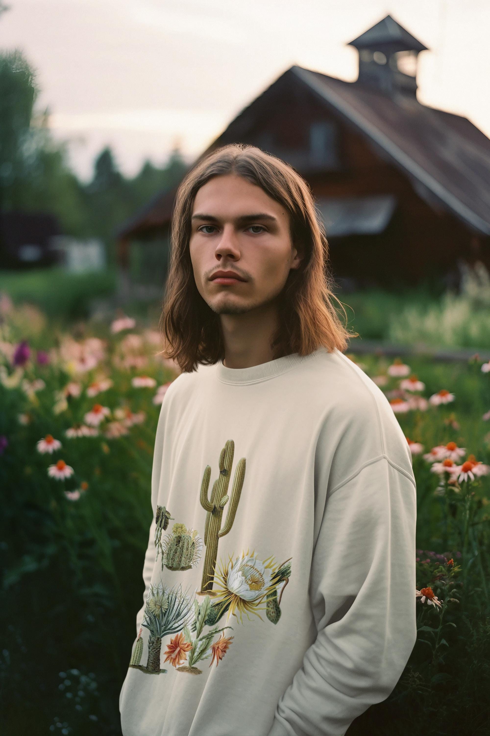 man wearing cream colored crew neck sweatshirt with cacti and blooms on it