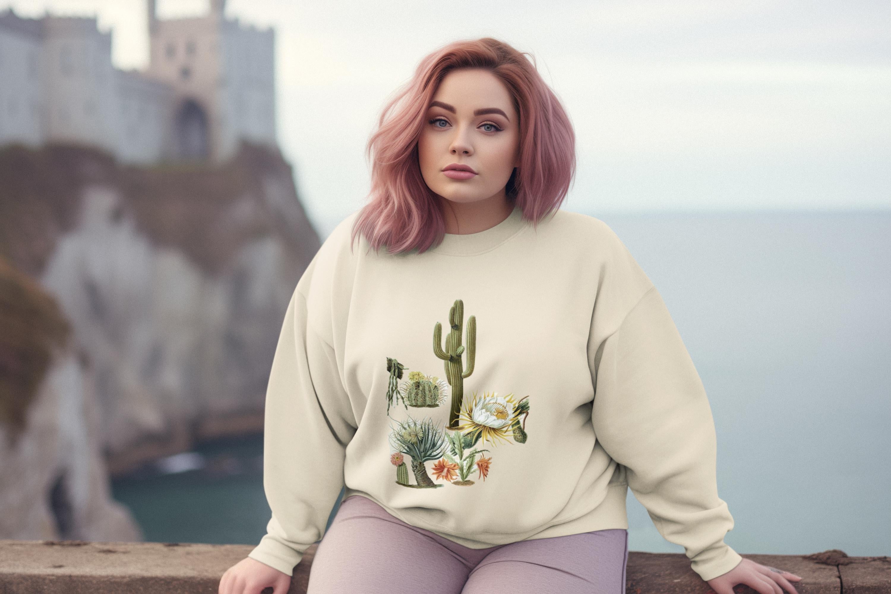 woman wearing cream colored crew neck sweatshirt with cacti and blooms on it