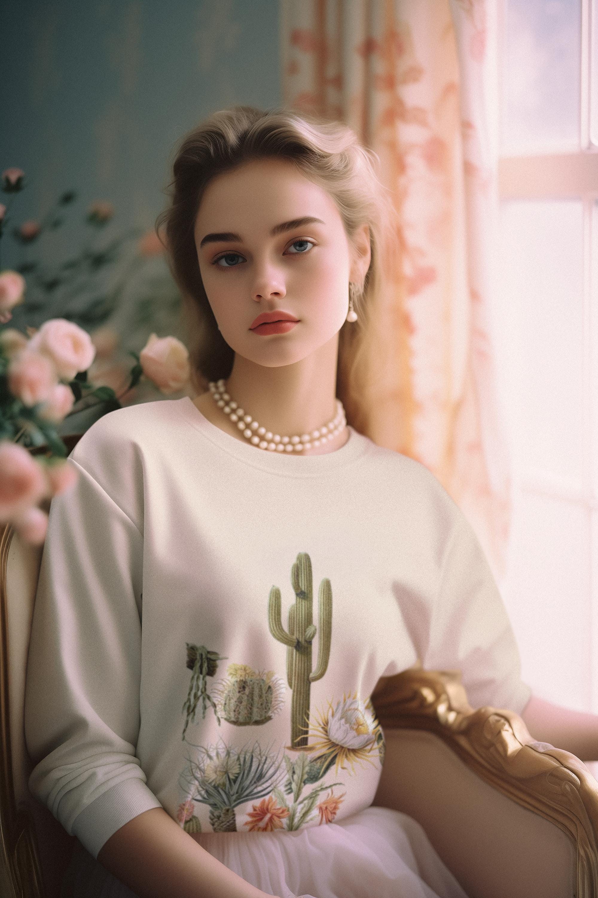 woman wearing cream colored crew neck sweatshirt with cacti and blooms on it