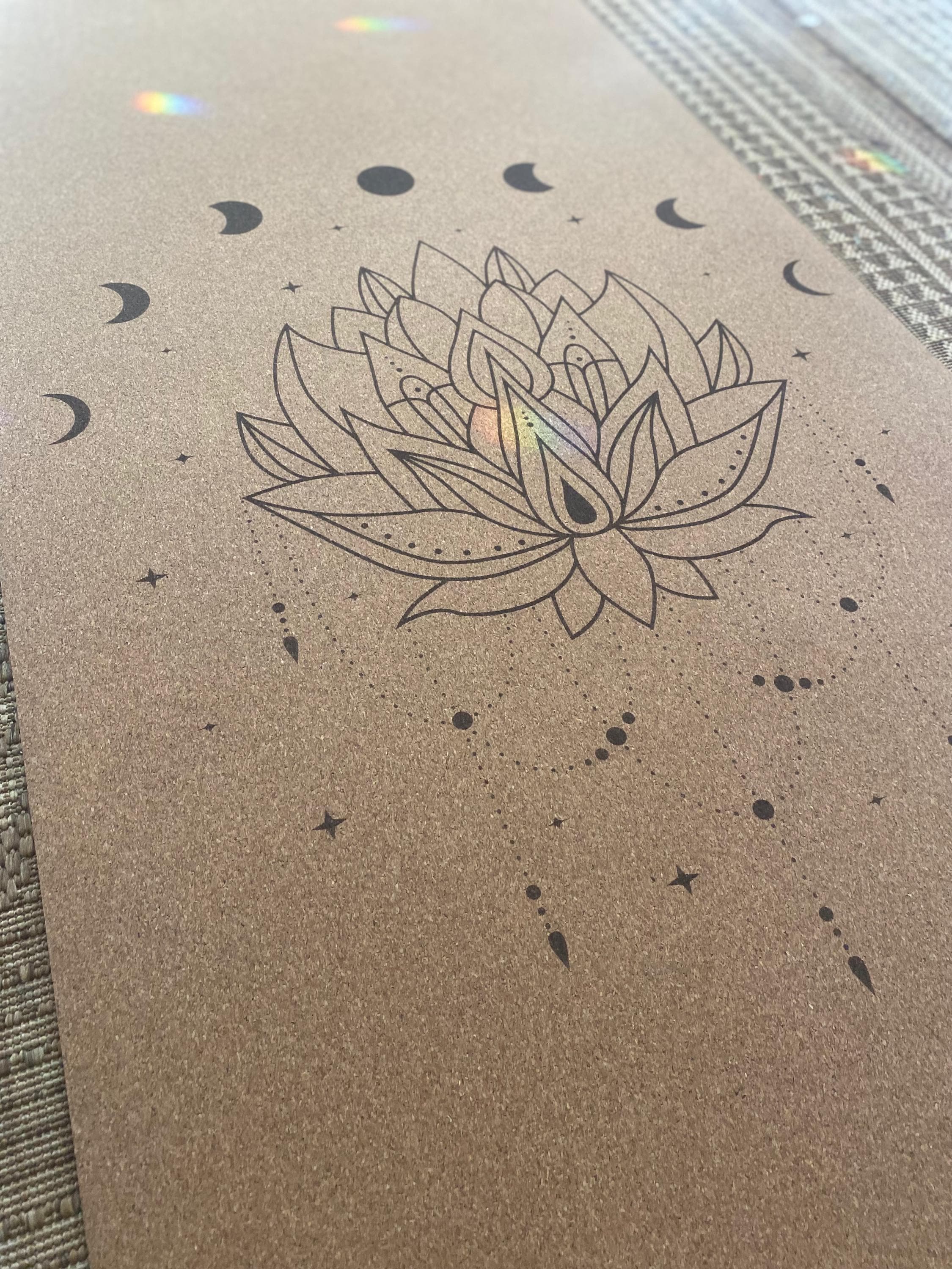 Lotus Moons Cork Yoga Mat – Laser Engraved Natural Rubber Mat for Ritual & Alignment | Threads of Creation (100 Base Price + Shipping)