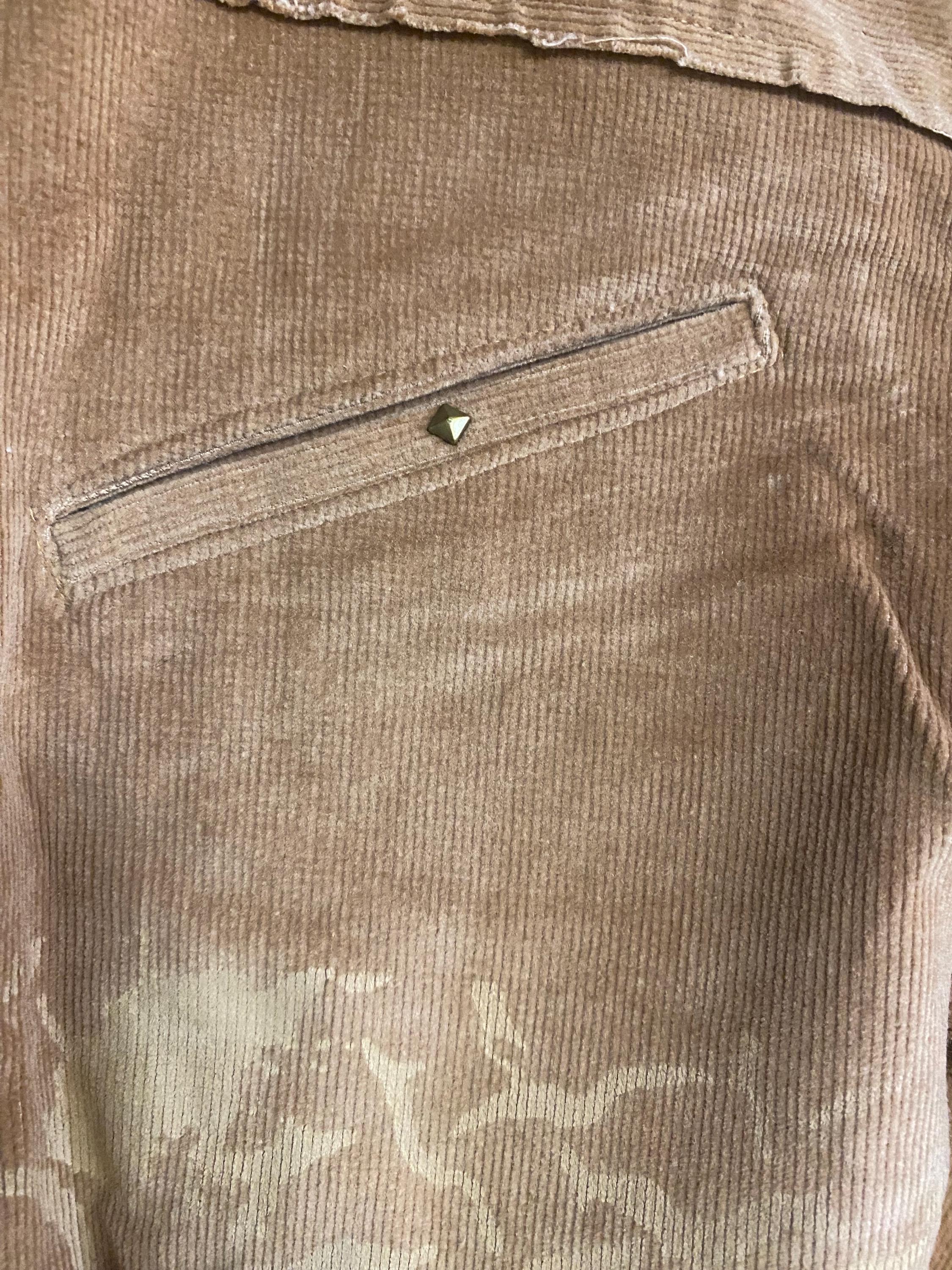 Threads of Creation Handmade Corduroy Ruched Pants | Screenprinted Organic Pattern | Guatemalan Textile Accent | Skinny Low Rise Trousers