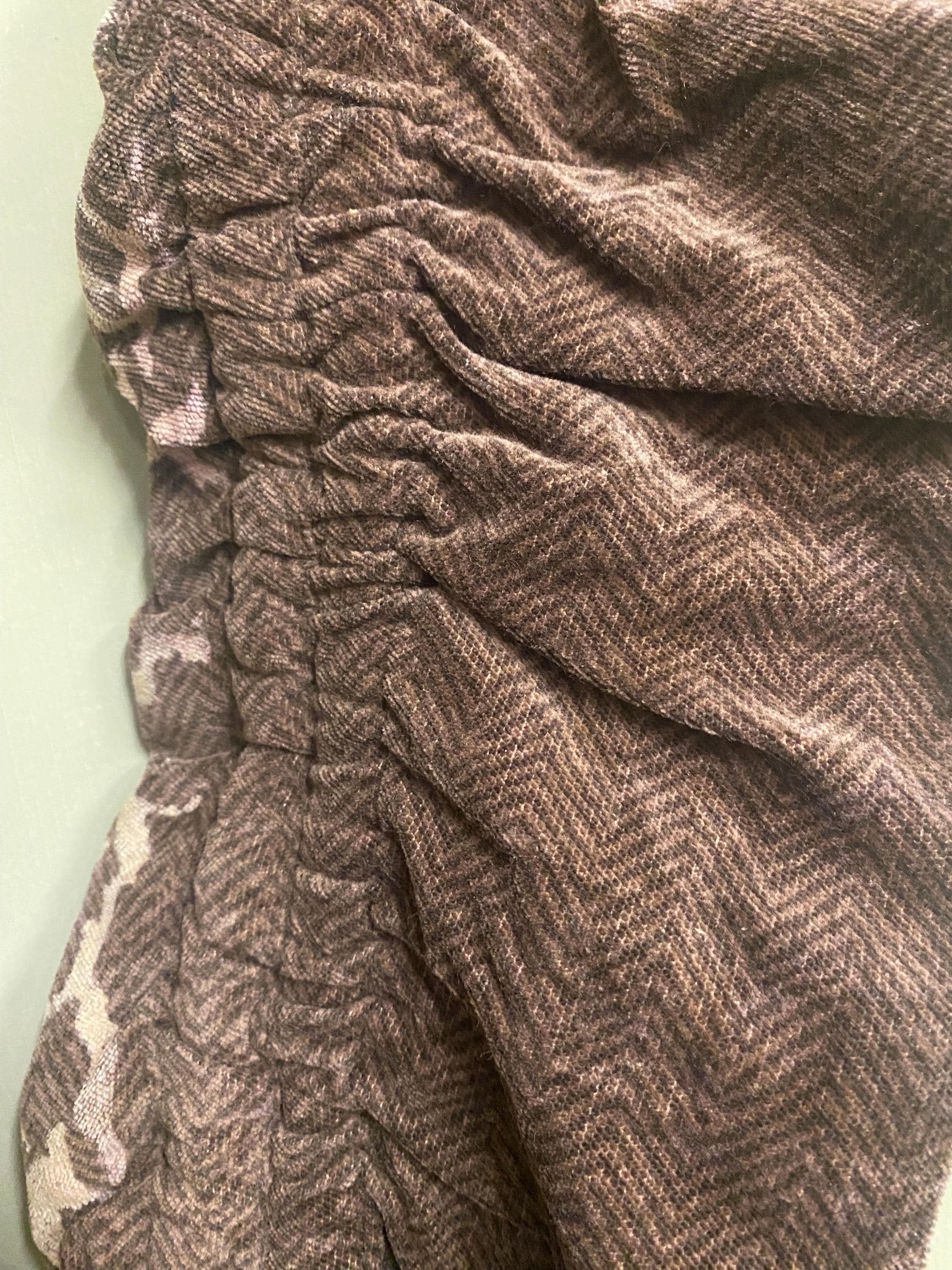 Threads of Creation Handmade Herringbone Corduroy Pants | Screenprinted Organic Pattern | Ruched Skinny Pants with Guatemalan Textile Accent