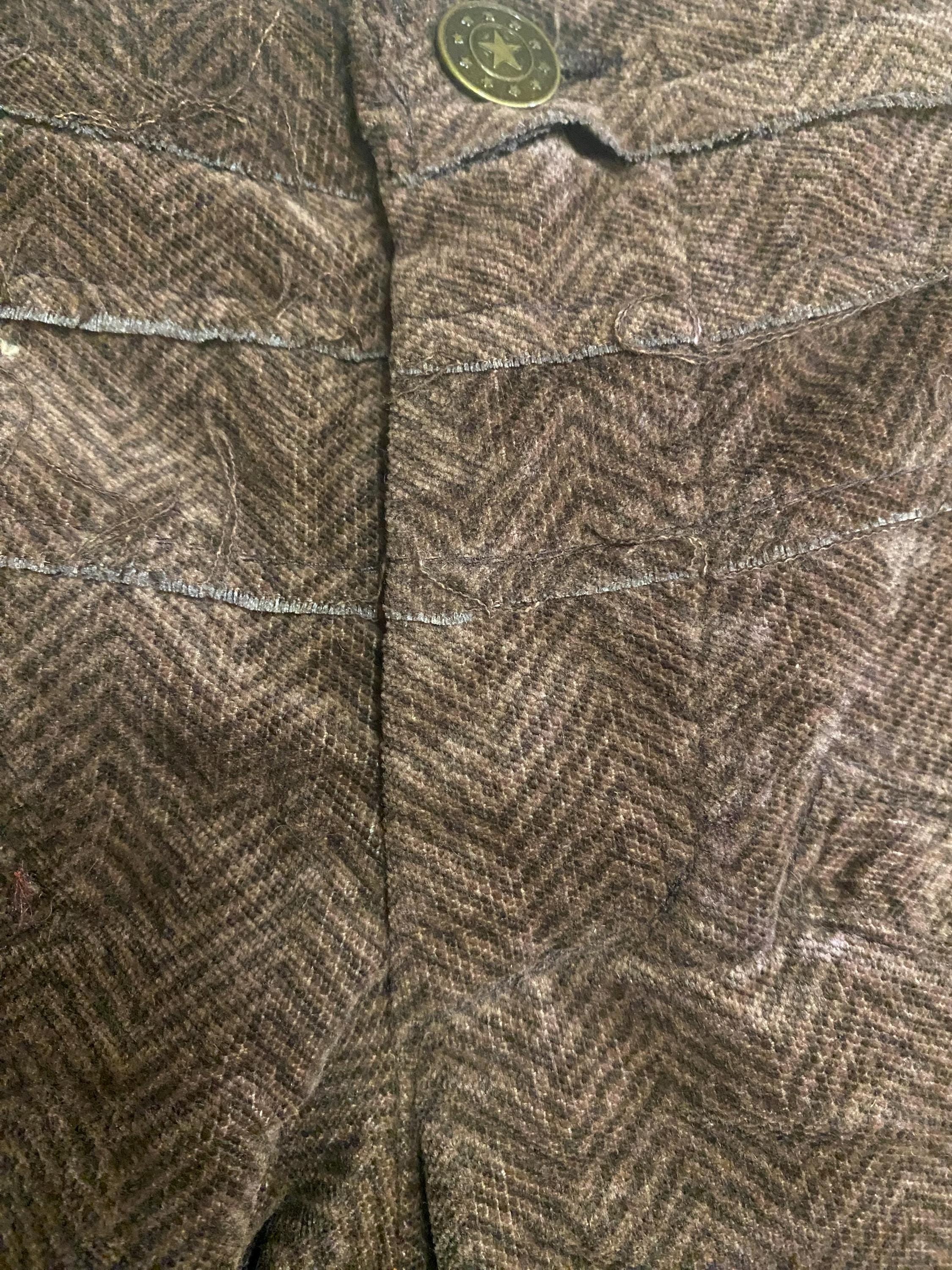 Threads of Creation Handmade Herringbone Corduroy Pants | Screenprinted Organic Pattern | Ruched Skinny Pants with Guatemalan Textile Accent