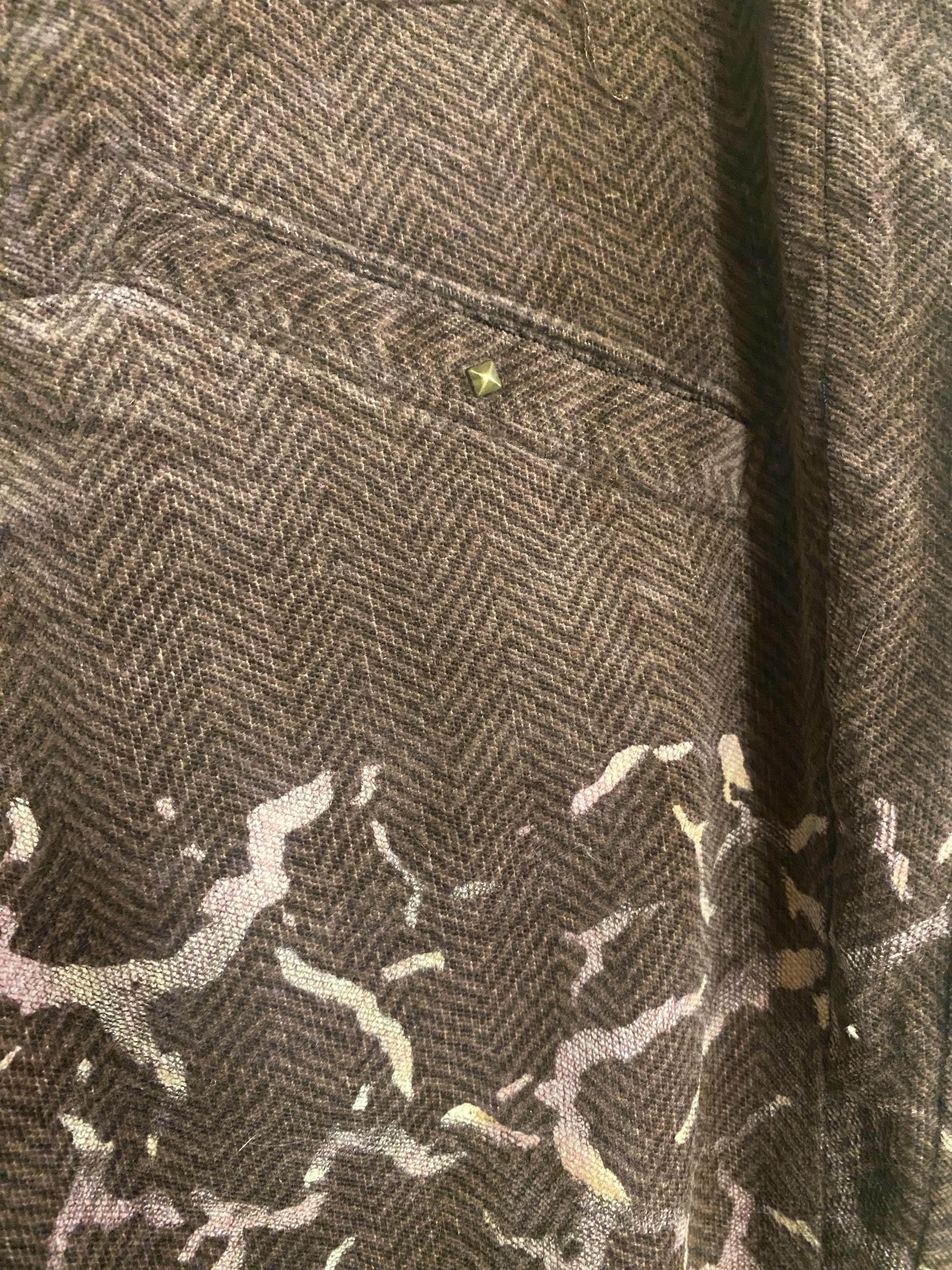 Threads of Creation Handmade Herringbone Corduroy Pants | Screenprinted Organic Pattern | Ruched Skinny Pants with Guatemalan Textile Accent