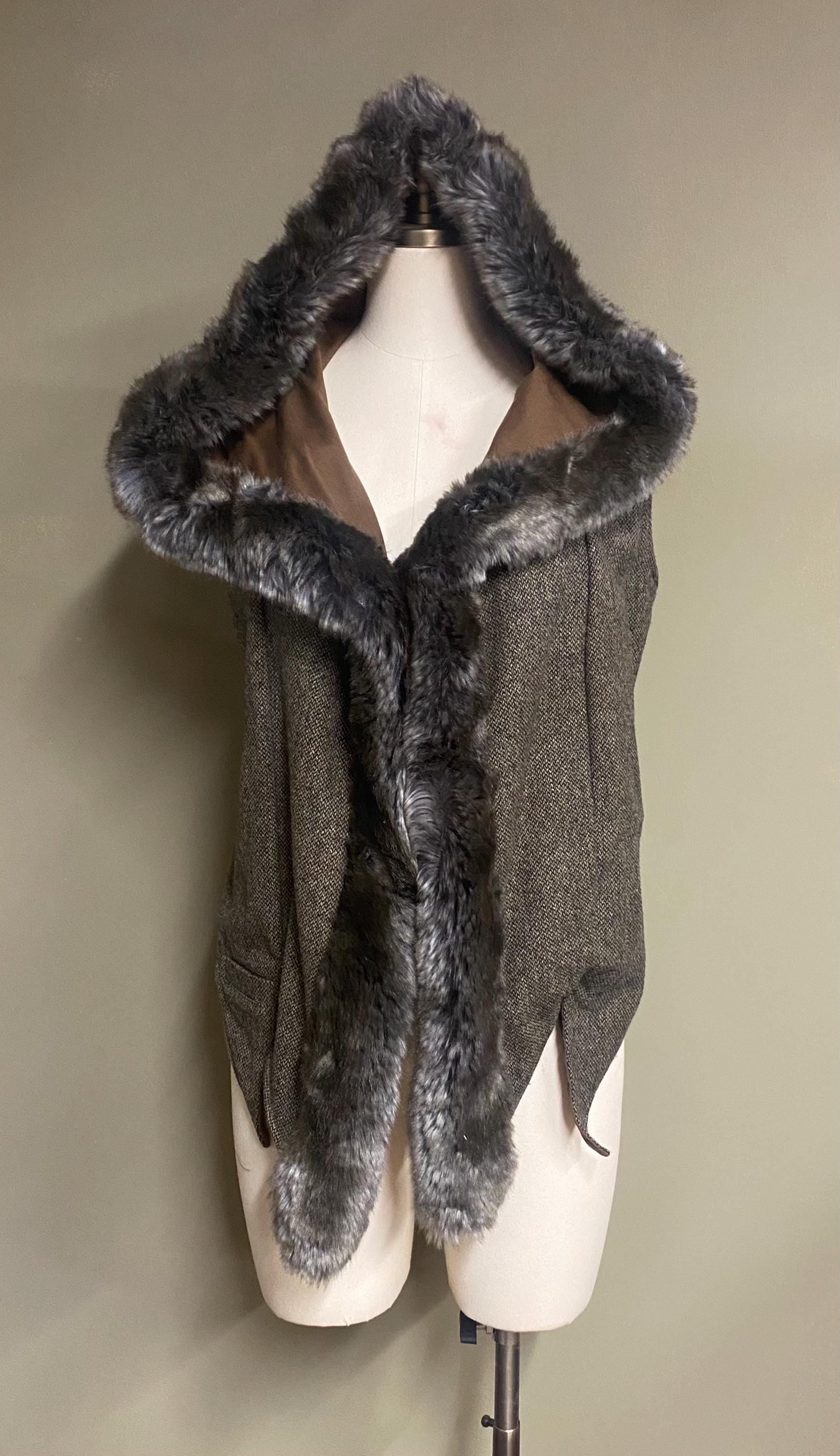 Grey Tweed Hooded Cape Vest with Faux Fur Trim, Handmade Hooded Vest, Boho Layering Piece, Threads of Creation Capsule